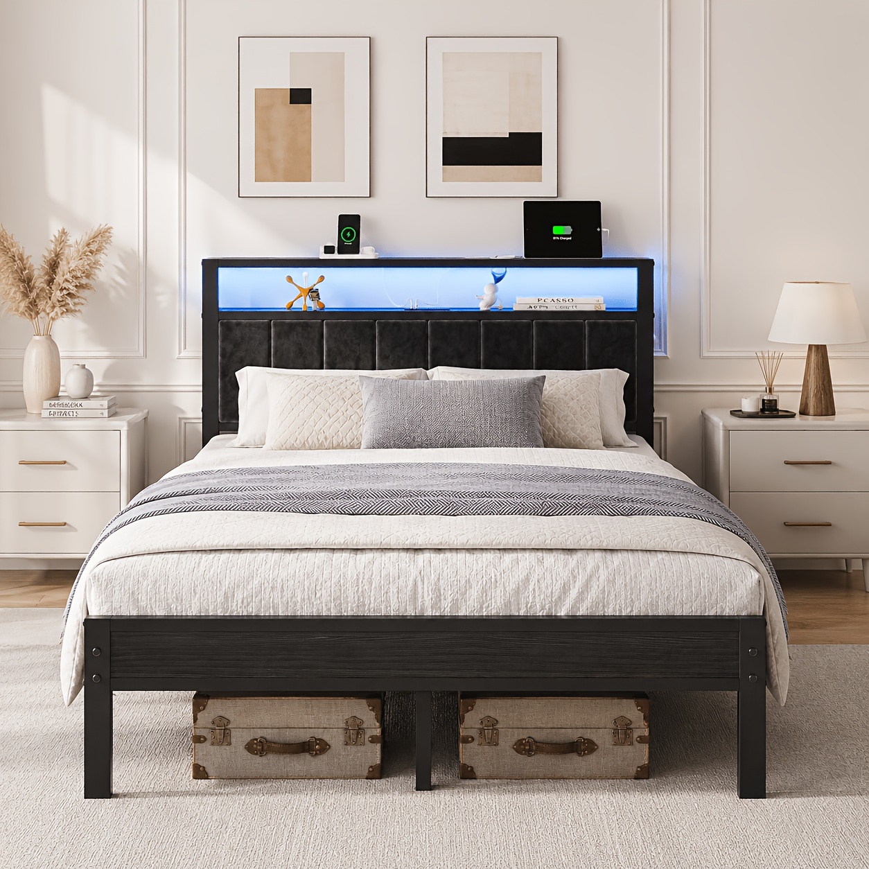 TEMU Modern Bed Frame Metal Platform Bed With 2 Tier Storage & Led Headboard, Charging Station, Usb And Type C Port, Spring Needed, Twin Size, Full