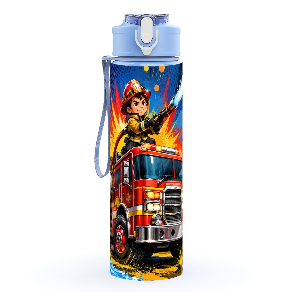 TEMU 1 bouteille d' en plastique de 750 ml, motif camion de pompiers et de style explosion de bande dessinée, facile à transporter, gobelet facile à