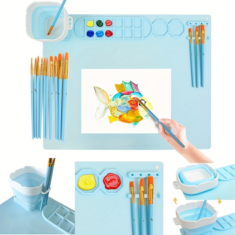 

1 Set Of Silicone Painting Mats With Water Cup, 20x16 Inch Silicone Art Mat Silicone Craft Mat Painting Mat Silicone Painting Mat Each Comes With 10 Painting Brushes (green, Pink, Blue)