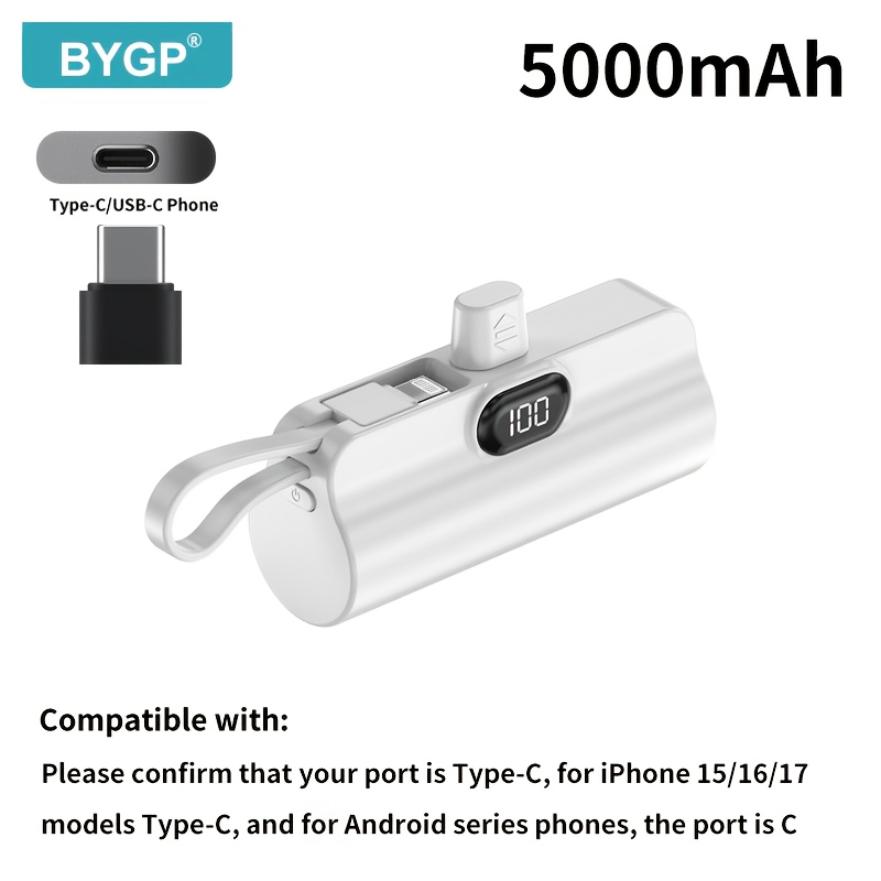 1pc/2pcs 5000mah Portable Charger - Capsule Design Bank, Display, Built-in Cable/type-c Interface/lanyard, Compact Emergency Backup Outdoor Phone Battery Pack Suitable For Iphone And