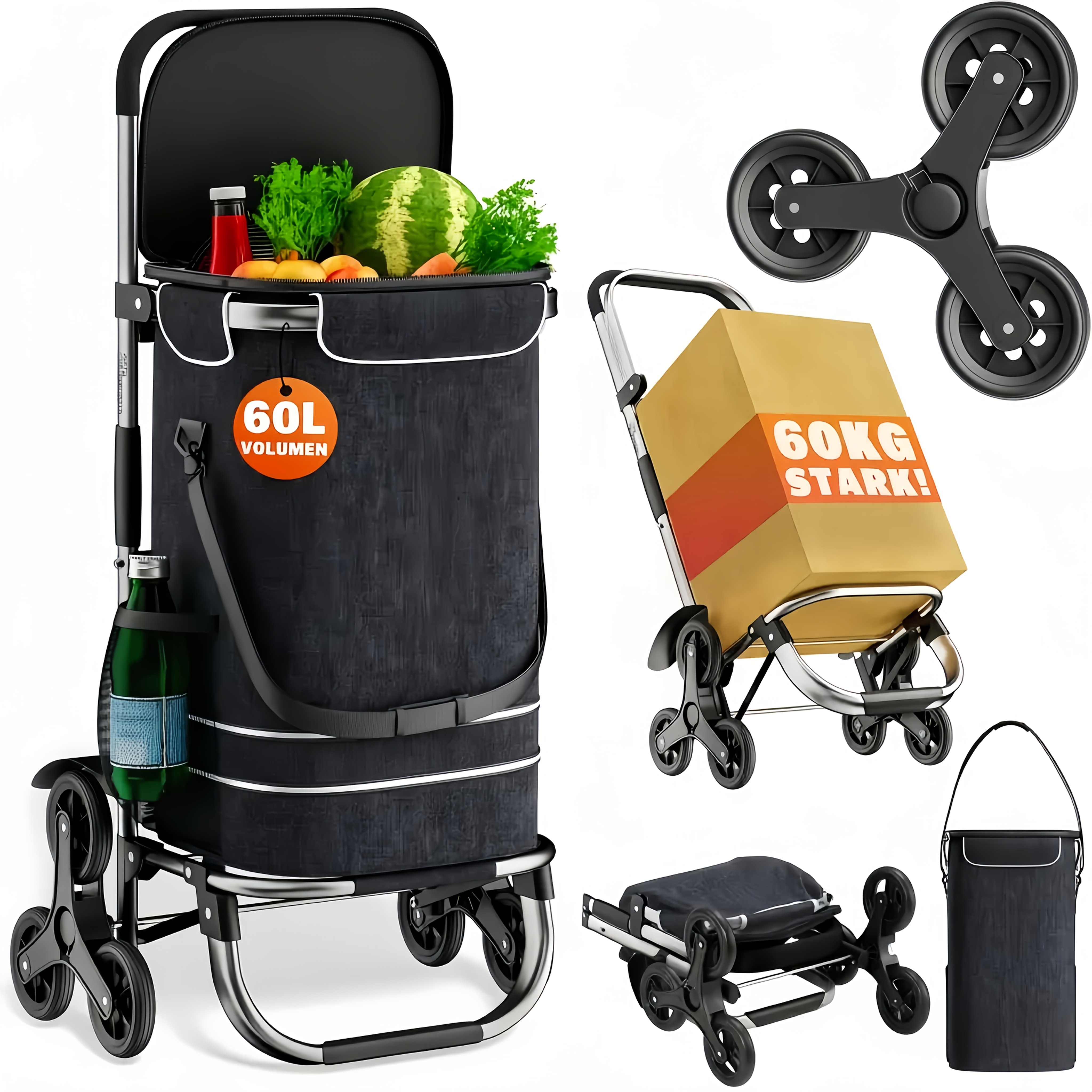 Image of 3in1 Shopping Trolley 60l Up To 60kg Foldable Detachable Bag 6 Wheels Carrying Strap Stair Climber Shopping Cart Shopping Aid Trolley