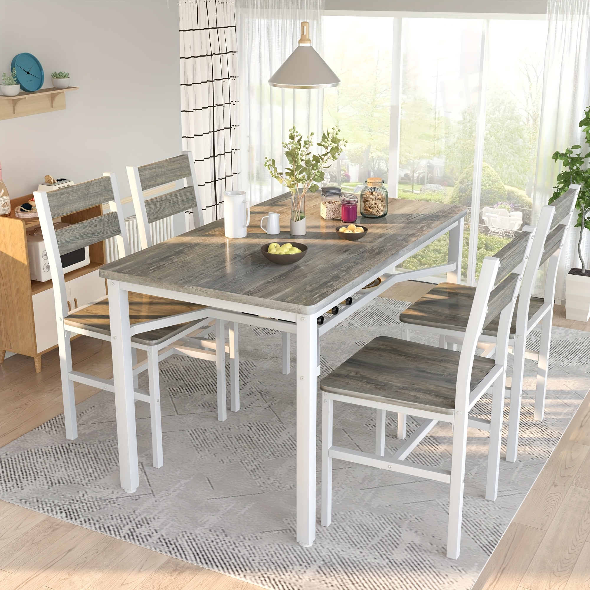stylish farmhouse 5pcs dining table set with storage wood kitchen table and chairs set for 4 wood table with   rack forplates morefor for small space apartment