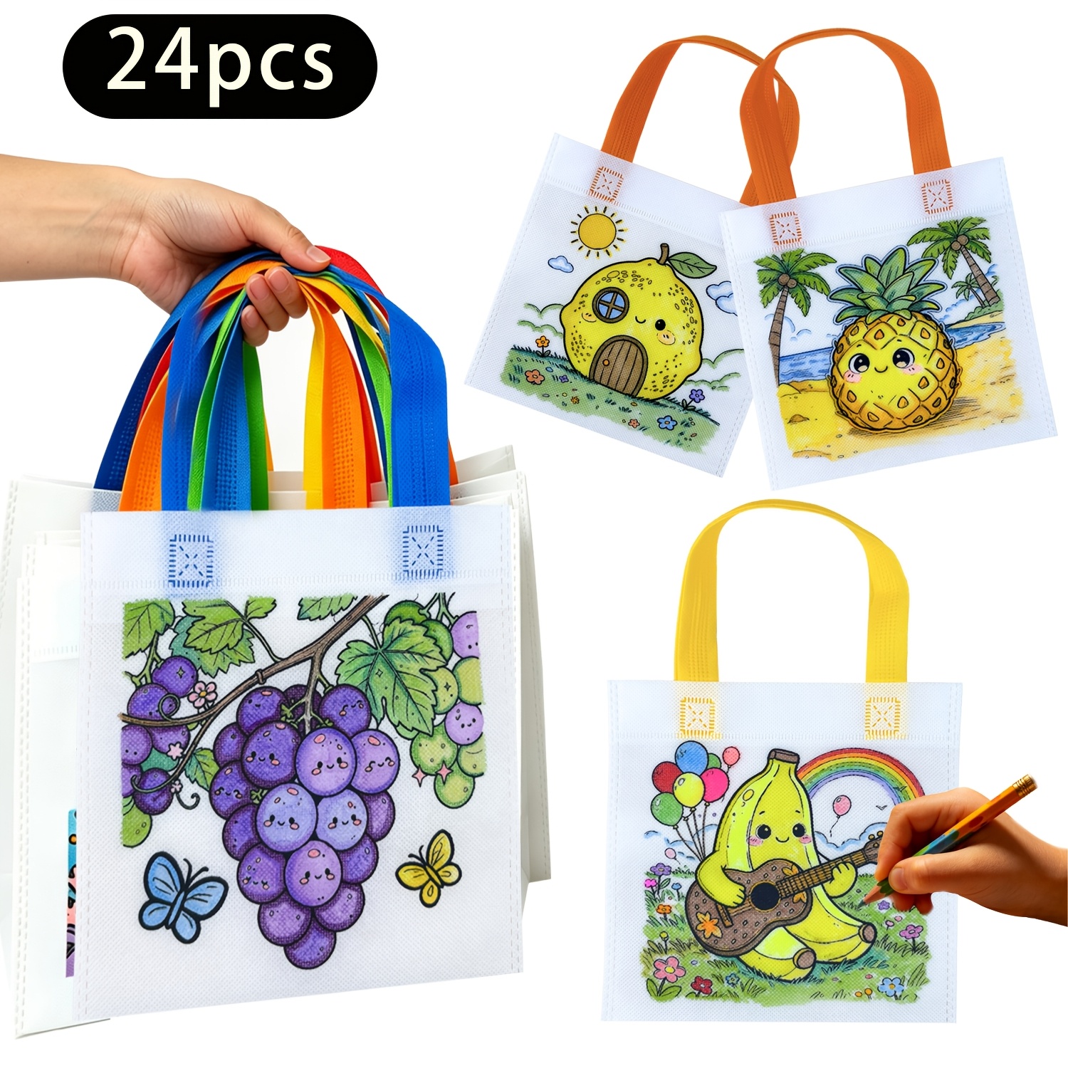TEMU 24 sacs graffiti motif fruits, sacs cadeaux réutilisables colorés à main, sacs de fête d'anniversaire à colorier main, sacs cadeaux d'activités