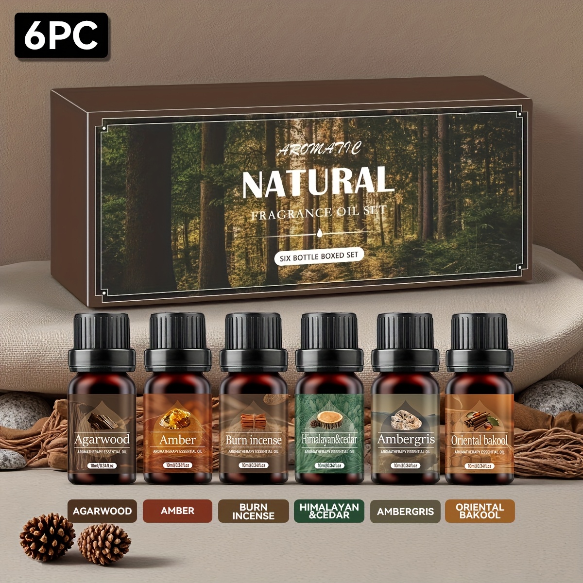 E-shop Ein Set aus 6 Stück Duftöl-Set aus Holz für Ramadan-Geschenke, Ostergeschenke, inklusive Diffuser, Duftkerzen, Räuchergefäß, Räuchersteine,