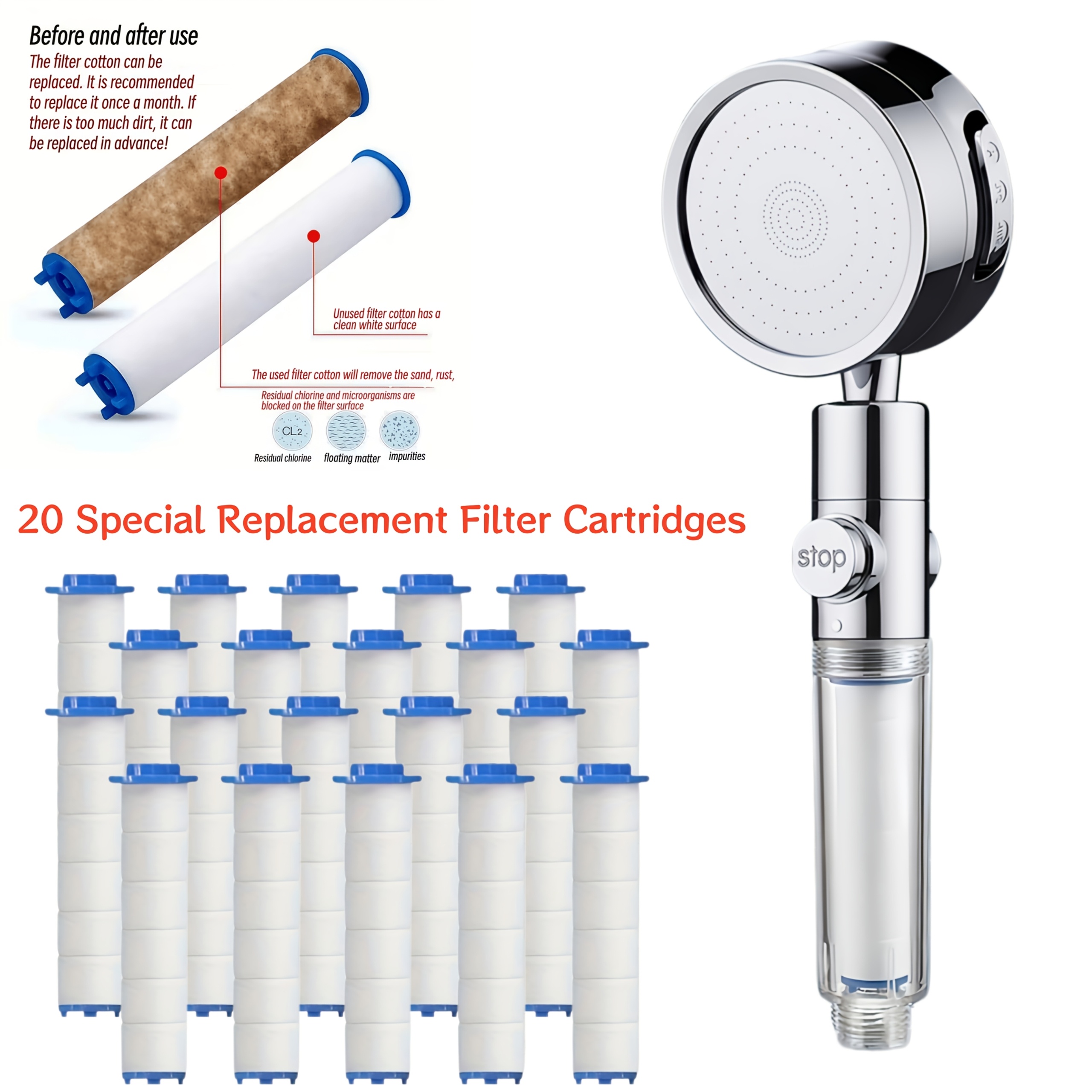 Image of Rainco Gorege 1pc High-pressure Handheld 3-- Shower Head With 20 Filter Elements, Adjustable Angle, Compatible With Wall-mounted Plastic Shower, Multi-functional Bathroom Accessory For Shower Use