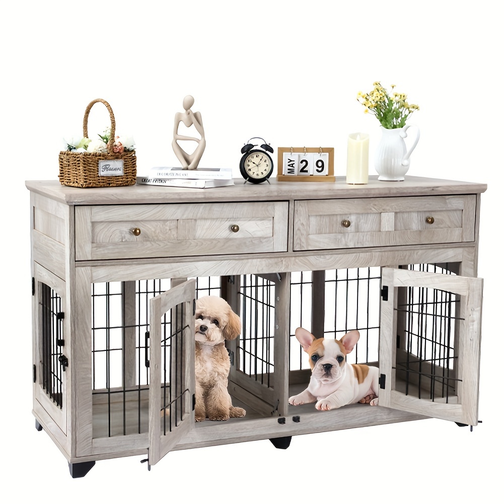 

Double Dog Crate Furniture With 5 Doors, 58" Wooden Heavy Duty Dog Kennel Pet Crate, Furniture Style Kennel End Table With Drawers, For Small/medium/large Dogs, Rustic Grey