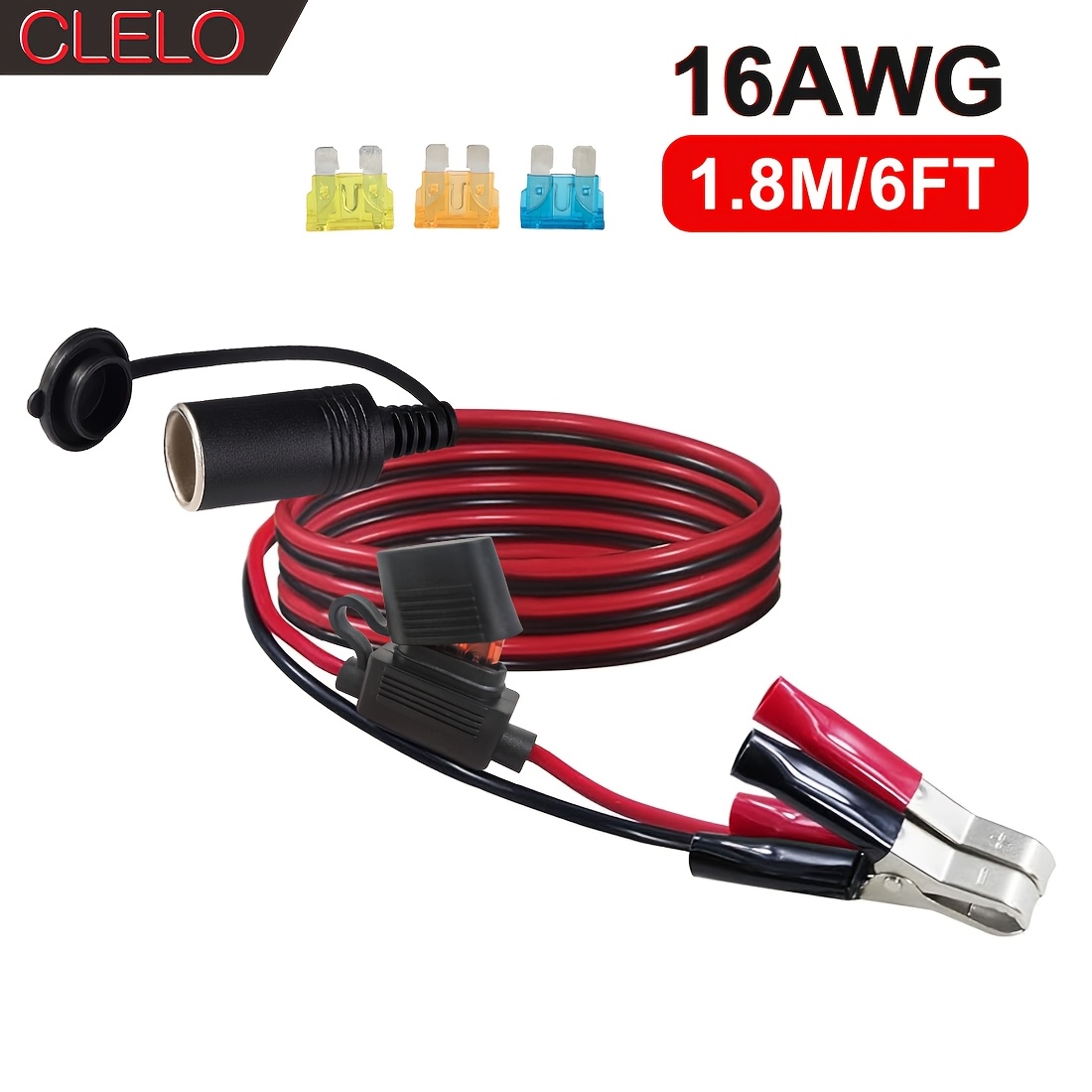Image of Clelo Car Plug To Battery Adapter Socket With Battery Alligator Clip Car Battery Clip With Car Plug Charging Extension Cable 16awg With 5a 10a 15a 20a Fuse