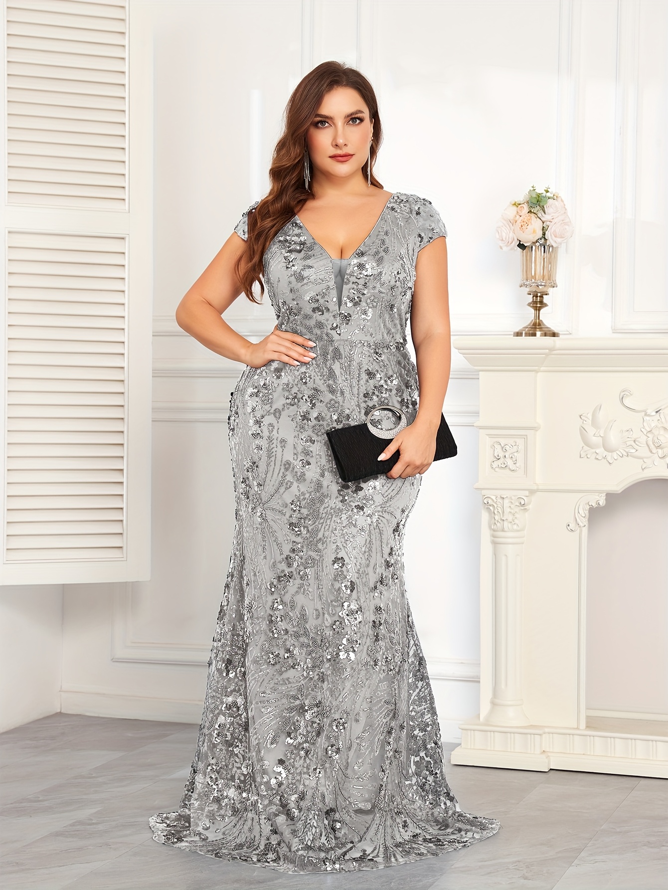 open lace back dress A Line V Neck Beaded Grey Long Prom Dress, Grey Evening Dress With Sli –  MyGirlProm.com main image 0