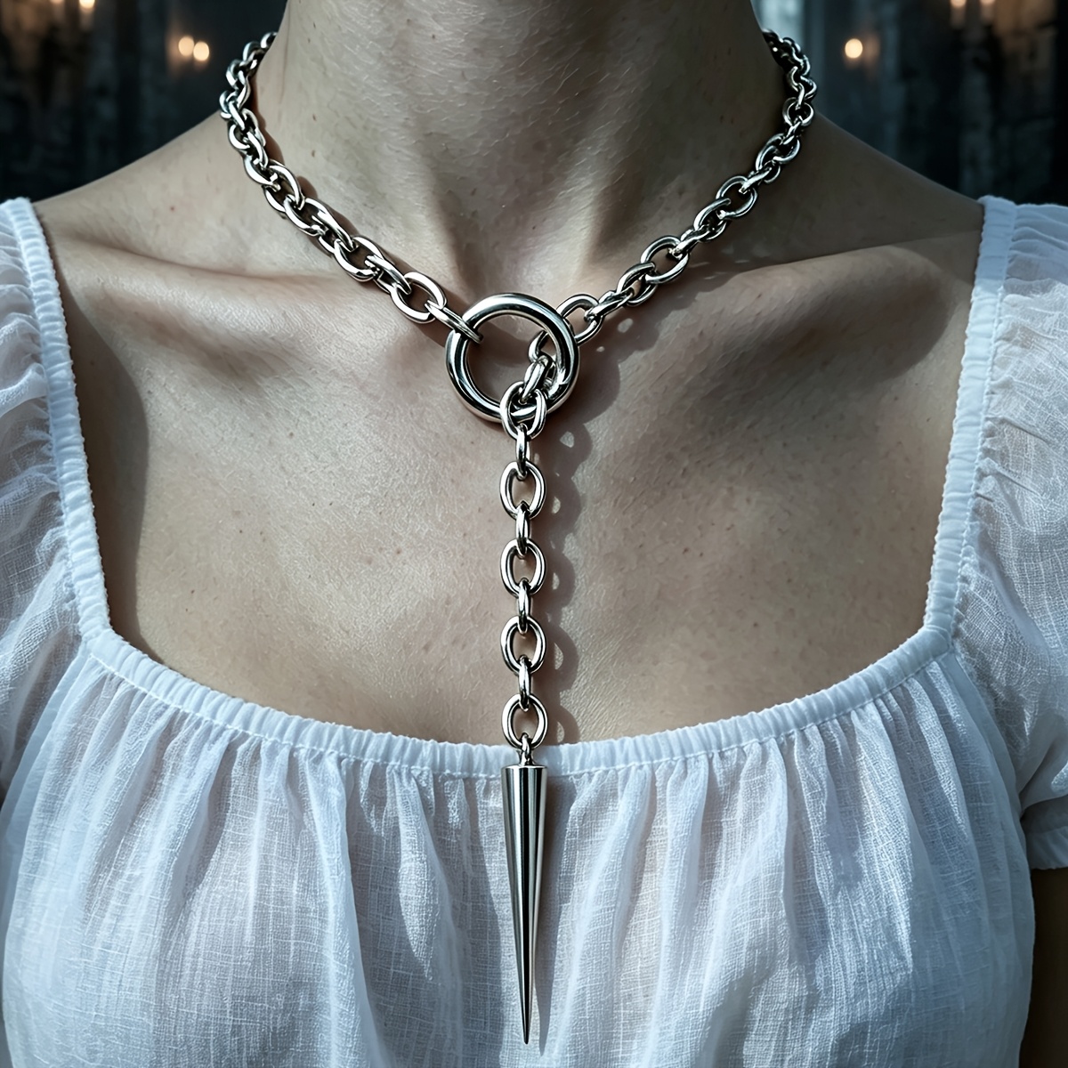 TEMU Simple And Stylish Layered Thick Chain Moon-shaped Pointed Cone Pendant Women's Necklace, Suitable For Music Festivals, Fashion Stores, Outfits,