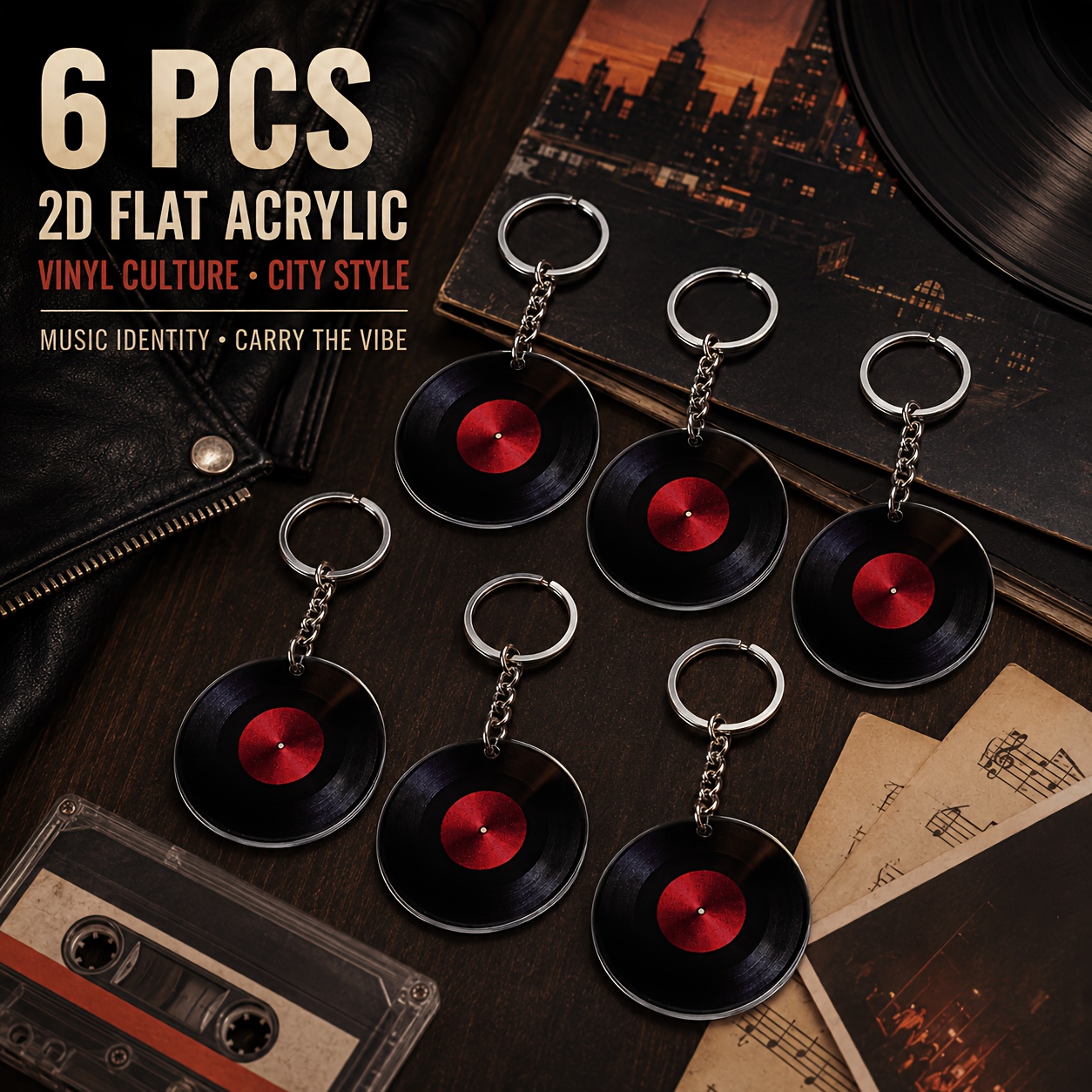 TEMU 2d Flat - [2d Flat] 6pcs Acrylic Black Vinyl Record Keychains, Red Vintage Music Lp Record Keychains, Unisex Bag Car Rearview Mirror Handbag