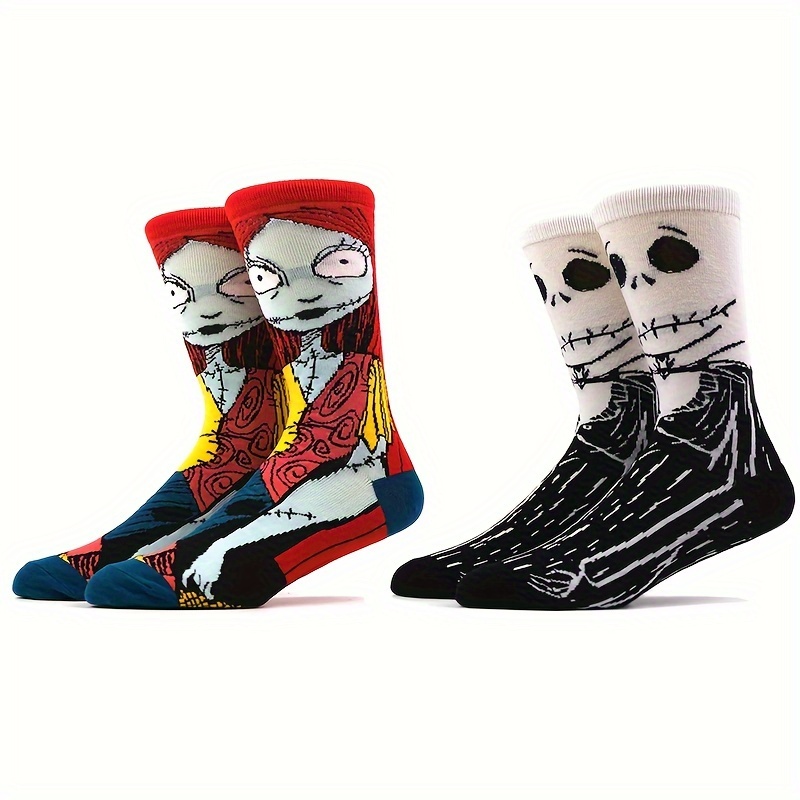 

2 Pairs Of Men's Cotton Blend Anti Odor & Sweat Absorption Fashion Cartoon Crew Socks, Comfy & Breathable Halloween Style Socks, For Gifts, Parties And Daily Wearing