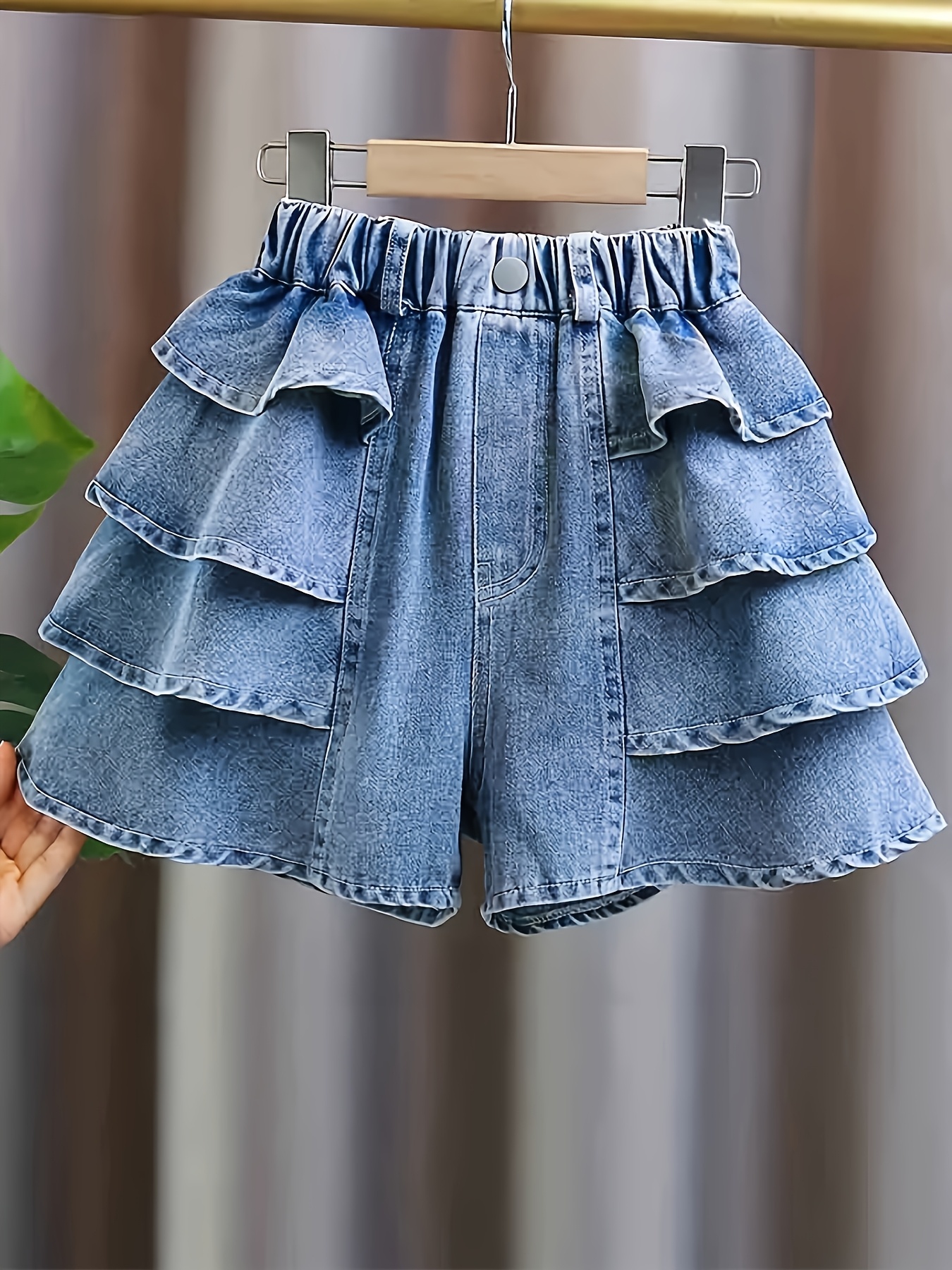 Girls' Summer Fashion Versatile Ruffle-trim Denim Shorts, Comfortable Lightweight Vacation Beach Denim Shorts, Casual Daily Shorts, Cute Girls' Shorts, Holiday Style Shorts, Must-have for Back-to-school Season, Elastic Waist for Comfortable Wear