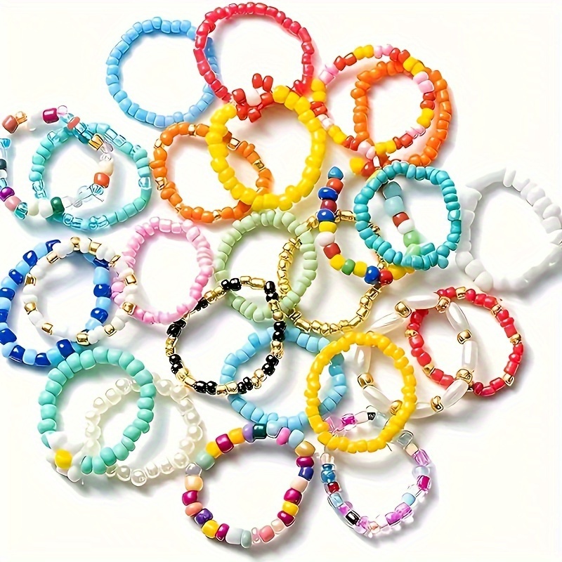 Vintage Boho Flower Ring Set for Women - 20 Pcs Beaded Stretch Rings