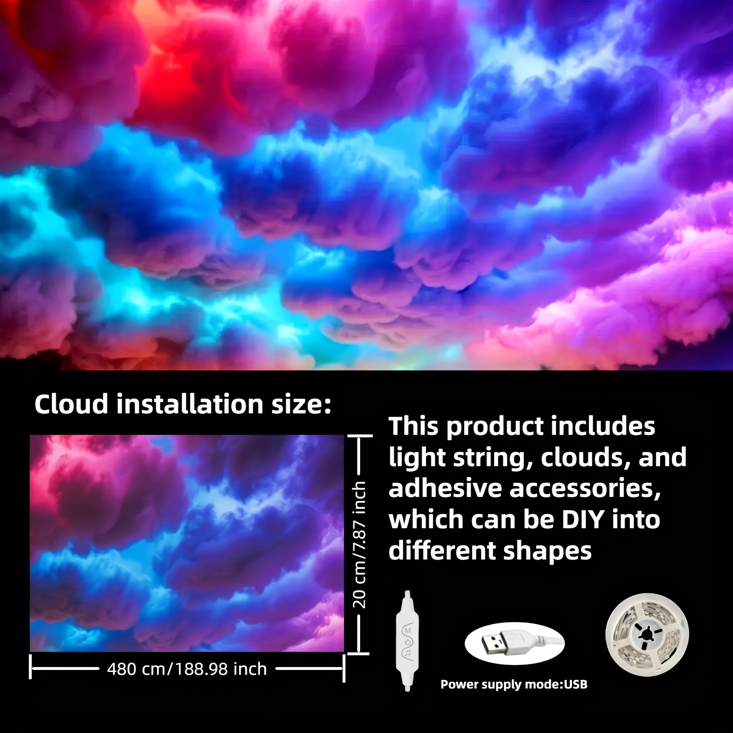 TEMU 3d Thundercloud Led Light, Wall-mounted, Mixed Color For Gaming Room, Garage, Club, Party, Perfect For Christmas Gifts, Holiday Office, Bedroom, Hotel, Party, Restaurant Ajk