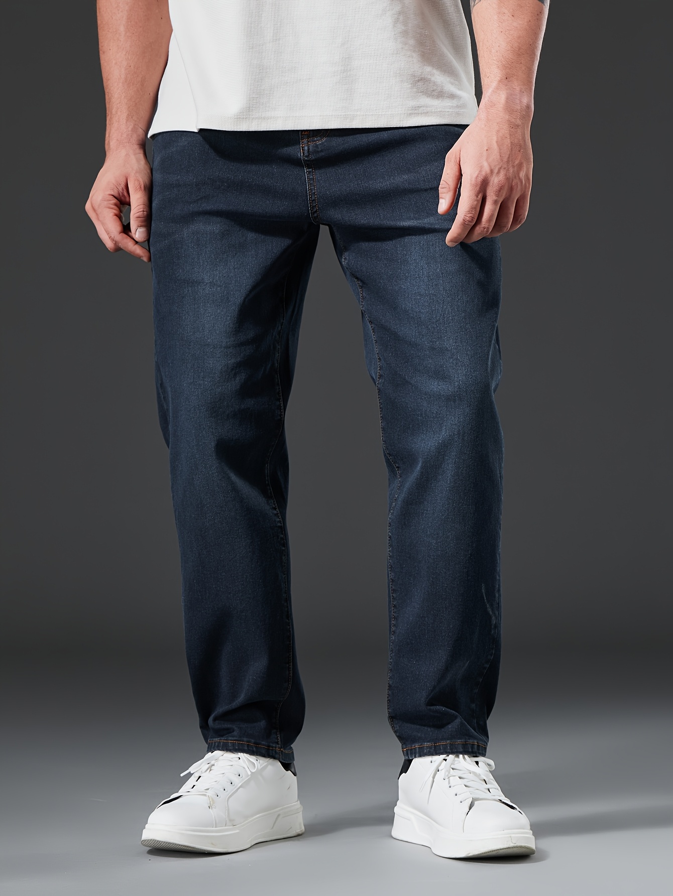 Plus Size Men's Stretch Slim-Fit Straight-Leg Jeans - Mid-Stretch Machine-Washable Water-Washed Denim, Solid Color Casual Pants for Autumn/Winter, Versatile for Everyday & Formal Wear, Winter Jeans | Modern Jeans | Comfortable Fit, PLUS SIZE