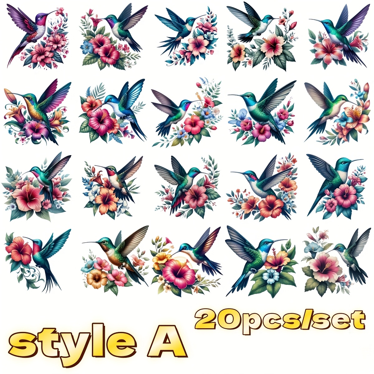 TEMU 20pcs (2d Flat) Hummingbird & Flower Scrapbook Stickers Suitable For Scrapbooking, Journals, Planners - Glitter Decals With Irregular Shapes,