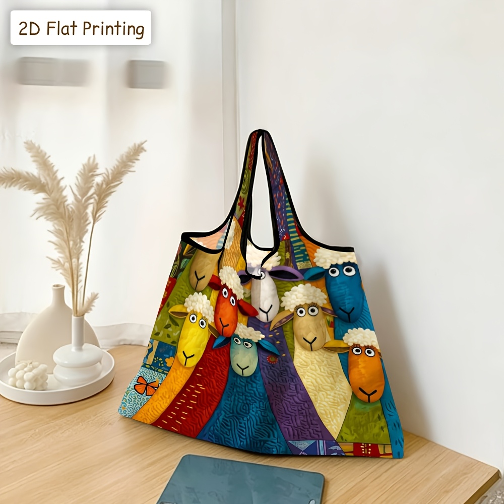 TEMU Sac de courses portable 2D à impression plate, capacité 1pc, sac matelassé pour femmes avec imprimé , sac à main pliable adapté à un usage , aux