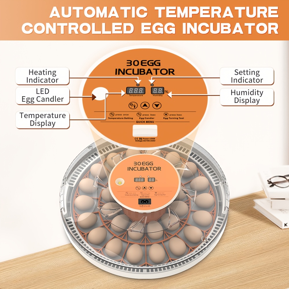 The Fully Automatic Incubator Is Designed for Hatching Chicken Eggs, Featuring Automatic Temperature Control, an LED Egg Candling Light, Humidity Monitoring, And a 360° View. It Can Incubate Up to 30 Chicken Eggs at Once, Suitable for Chickens