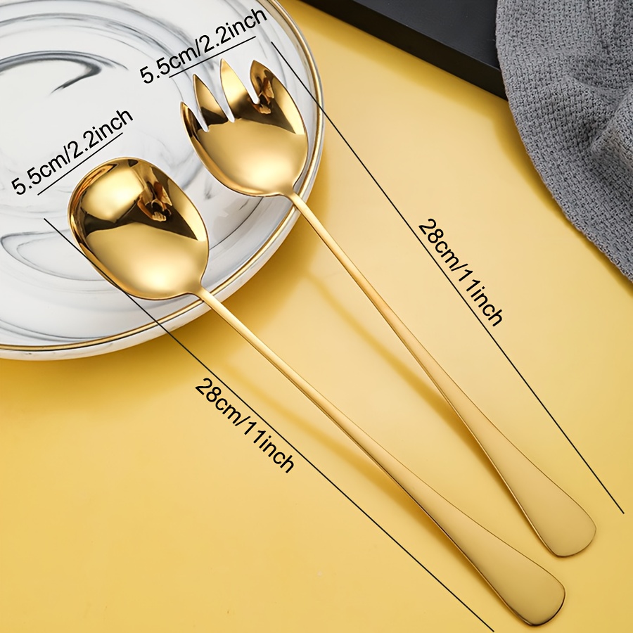 TEMU 2/4pcs 28cm/11 Inch Long Handle Salad Serving Set, Premium Stainless Steel Salad Spoon Salad Fork, Durable Kitchen Utensils, Suitable For