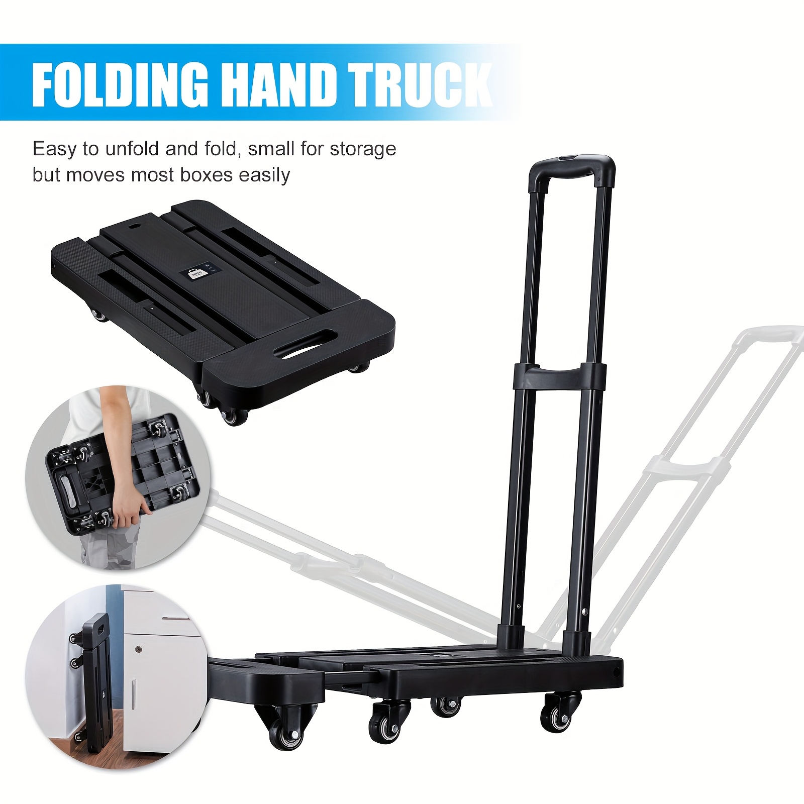 E-shop Tragbarer, faltbarer schwarzer Trolley, faltbarer Sackträger, kompakter und vielseitiger mit Zugstange für müheloses Reisen, Camping und Zuhause