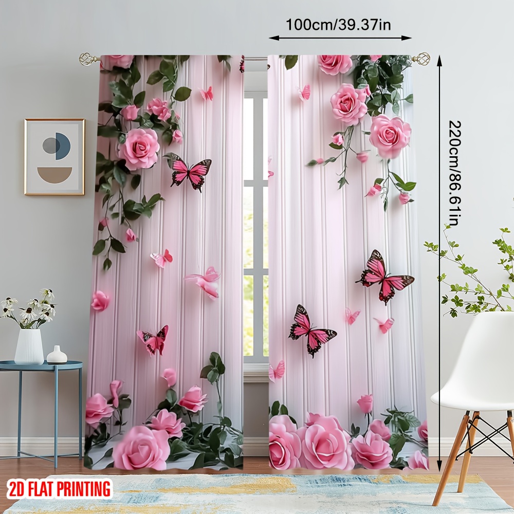 TEMU 2d Flat Printing 2pcs Curtain And Pink Rose Durable 100% Polyester Fabric,without Electricity Versatile Perfect For Holiday Decor