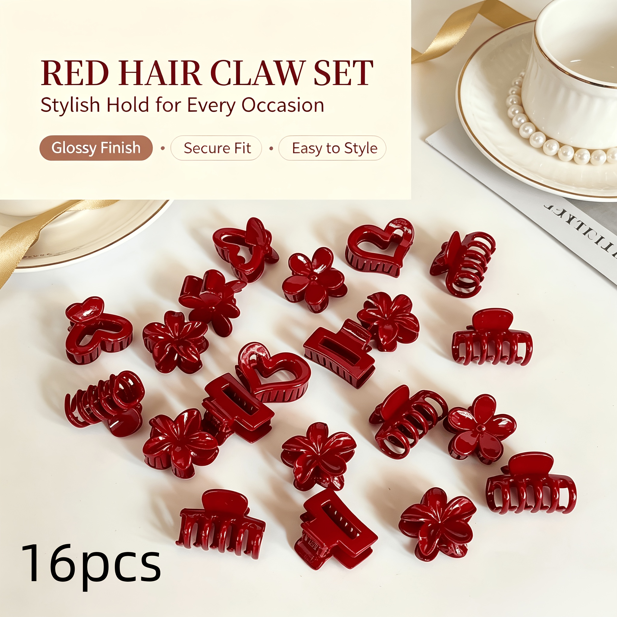 TEMU Cying Lin Burgundy Mini Claw Clip Set, Small Heart And Flower Shark Clips, Bang And Hair Clips For Half-up Hairstyles, For Women