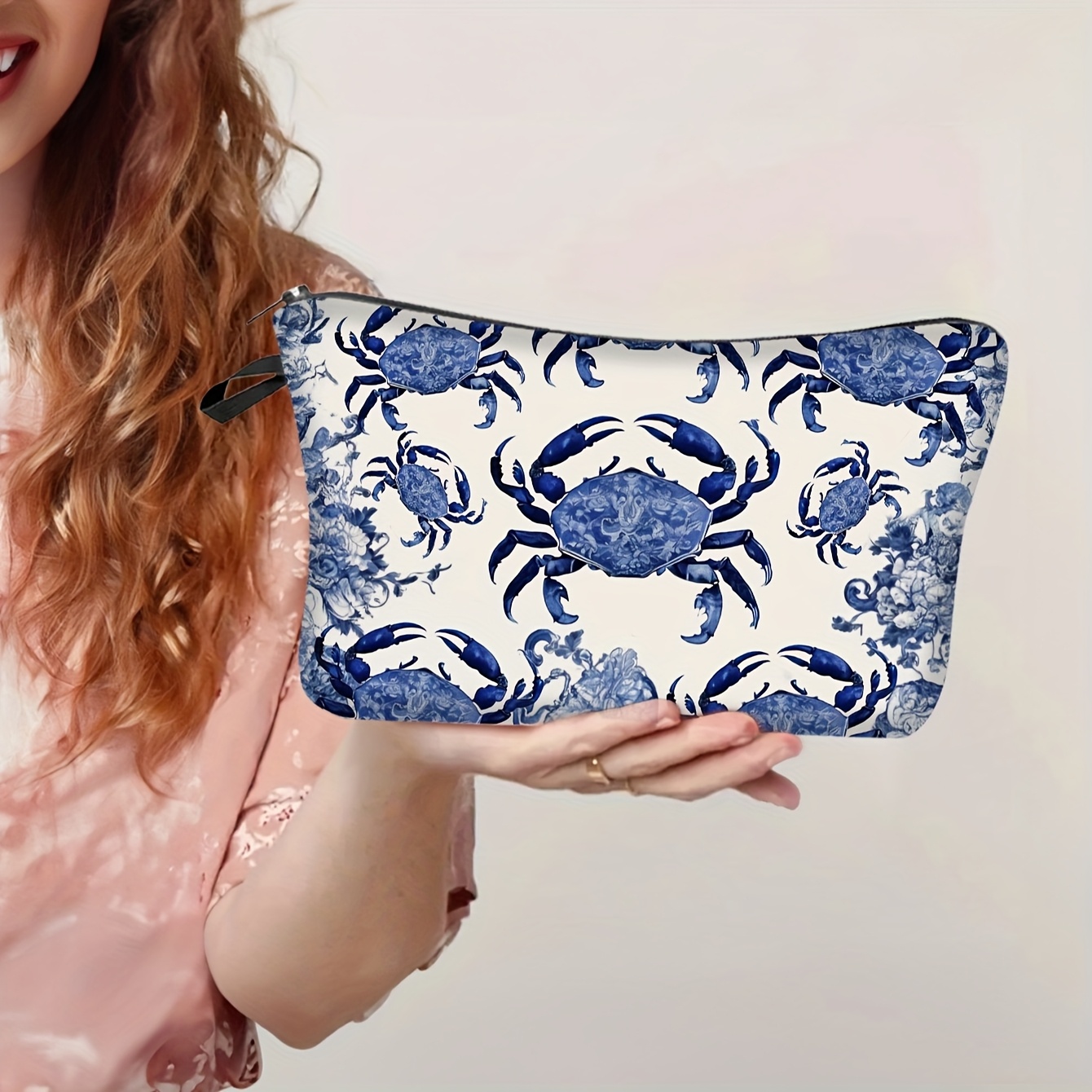 TEMU 1pc Light Blue And White Porcelain Style Double Sided Printed Makeup Bag - School Supplies Pen Bag - Toiletries Organizer For Women And Men - Travel Zipper Makeup Bag And