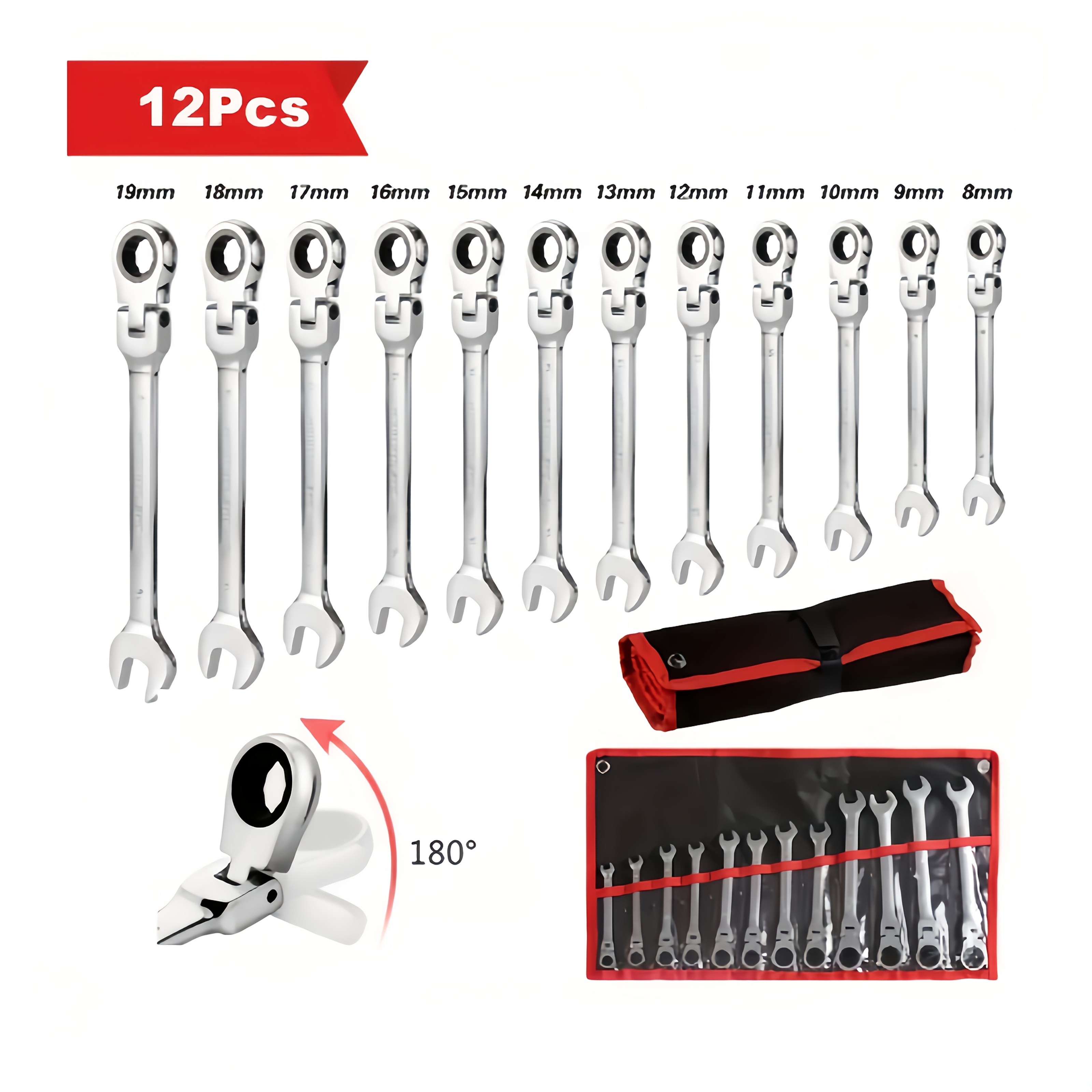 TEMU 12pcs Ratchet Wrench Set, Multi-functional Flexible Ratchet Wrench Set, Metric Wrench, 8-19mm, 72-tooth, Manual Tool Kit, Sturdy And Durable, A
