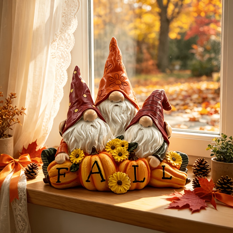 TEMU [collectible Figurines] 1pc Decorative Statue, Gnome With Pumpkin Daisy Resin Ornament, Rustic Pastoral Craft, Suitable For