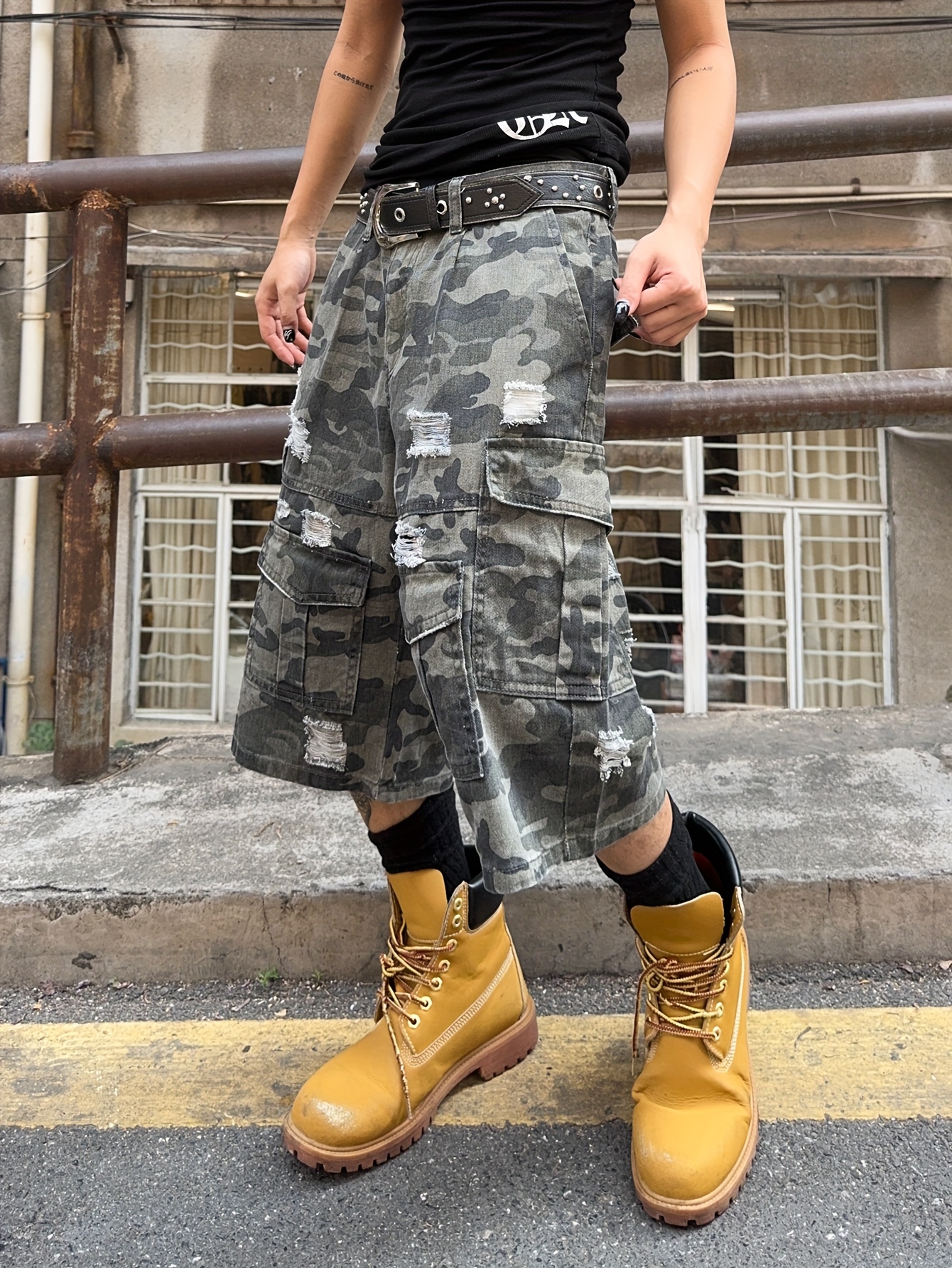 Mens Distressed Camo Pants Camouflage Cargo Pants Jean Mens Camo