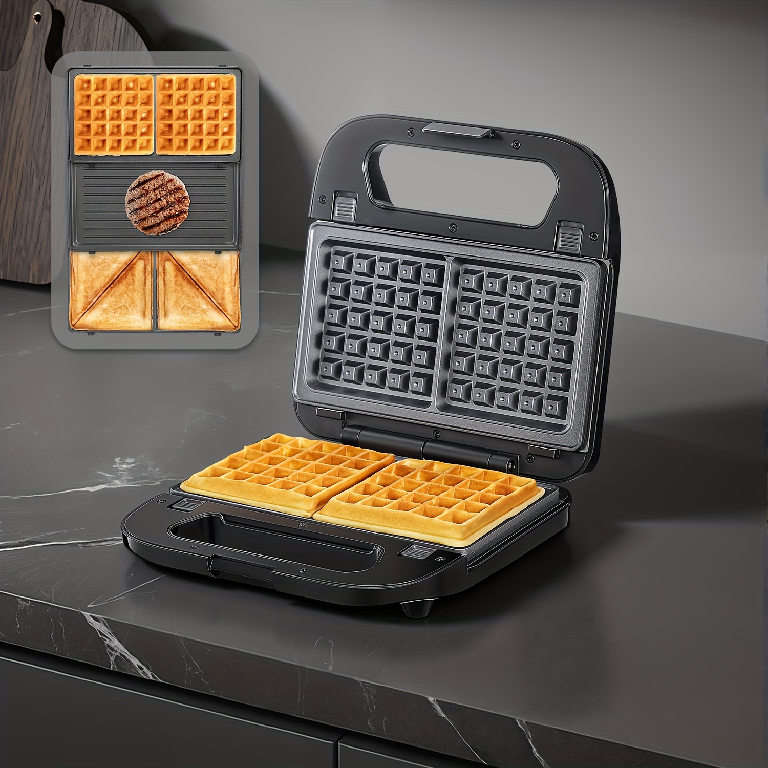 TEMU Yabano Grille Waffle & Sandwich Maker avec Plaques Amovibles Antiadhésives, Presse Panini & Fer à Waffle Combo - Cuiseur Multifonction en Acier