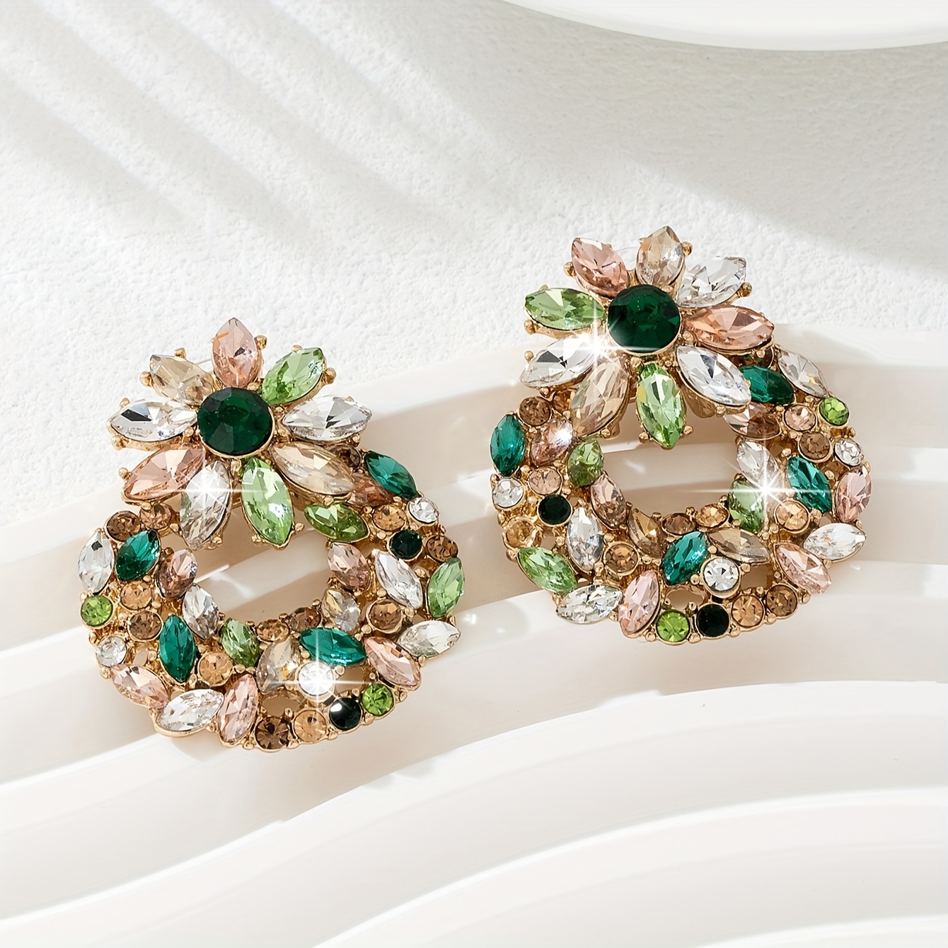 Image of A Pair Of Vintage-inspired, Elegant And Romantic Earrings Featuring Colorful Glass Inlays And Gemstones, Perfect For Women To Wear , During Dates, Parties, Vacations, Or As Gifts For Everyday Use