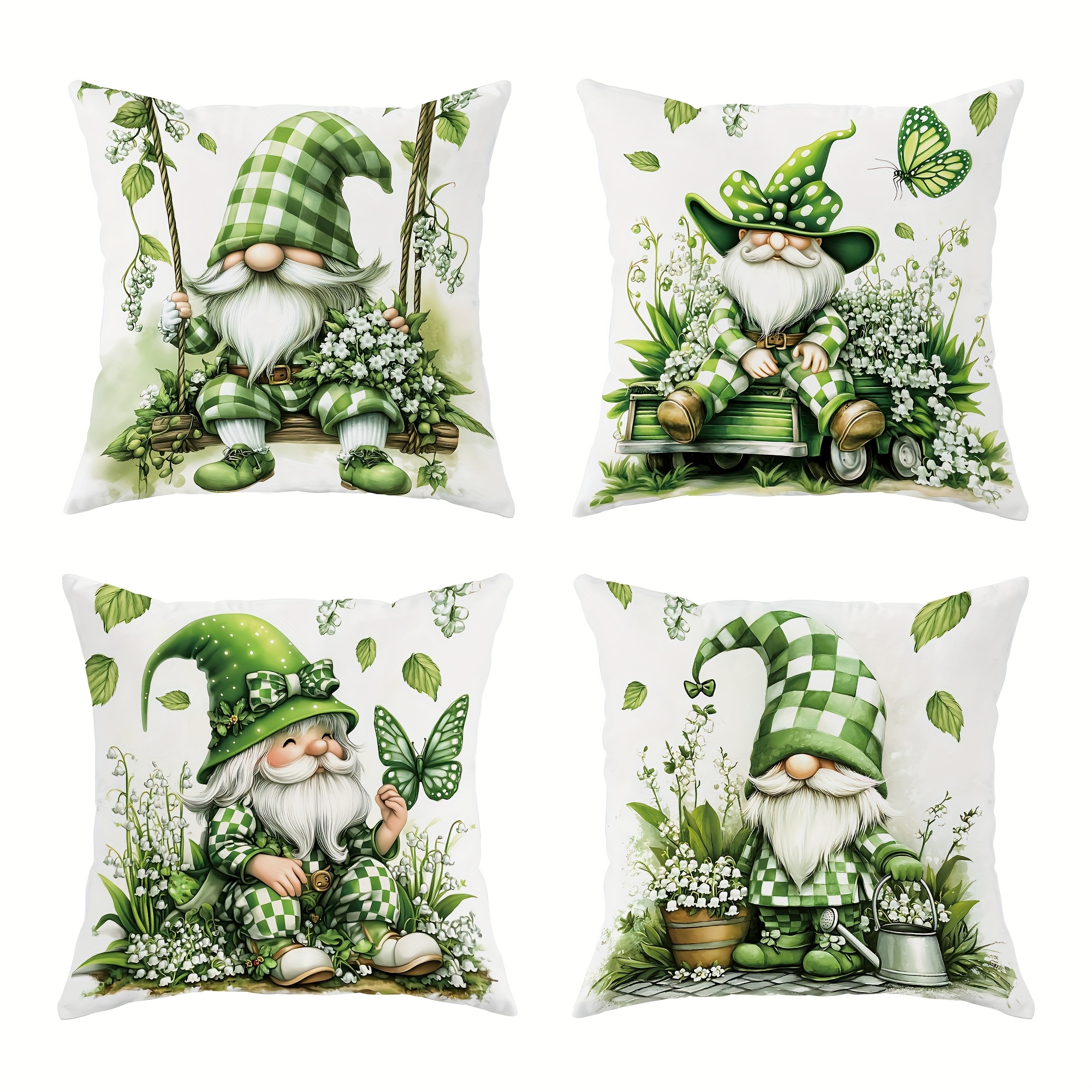 

4pcs Gnome Floral Lily Of The Valley Velvet Throw Pillow Covers Cute Funny Green Soft Decorative Pillowcases 1 Sided Printing For Living Room Bedroom Sofa Bed Decor Without Pillow Inserts