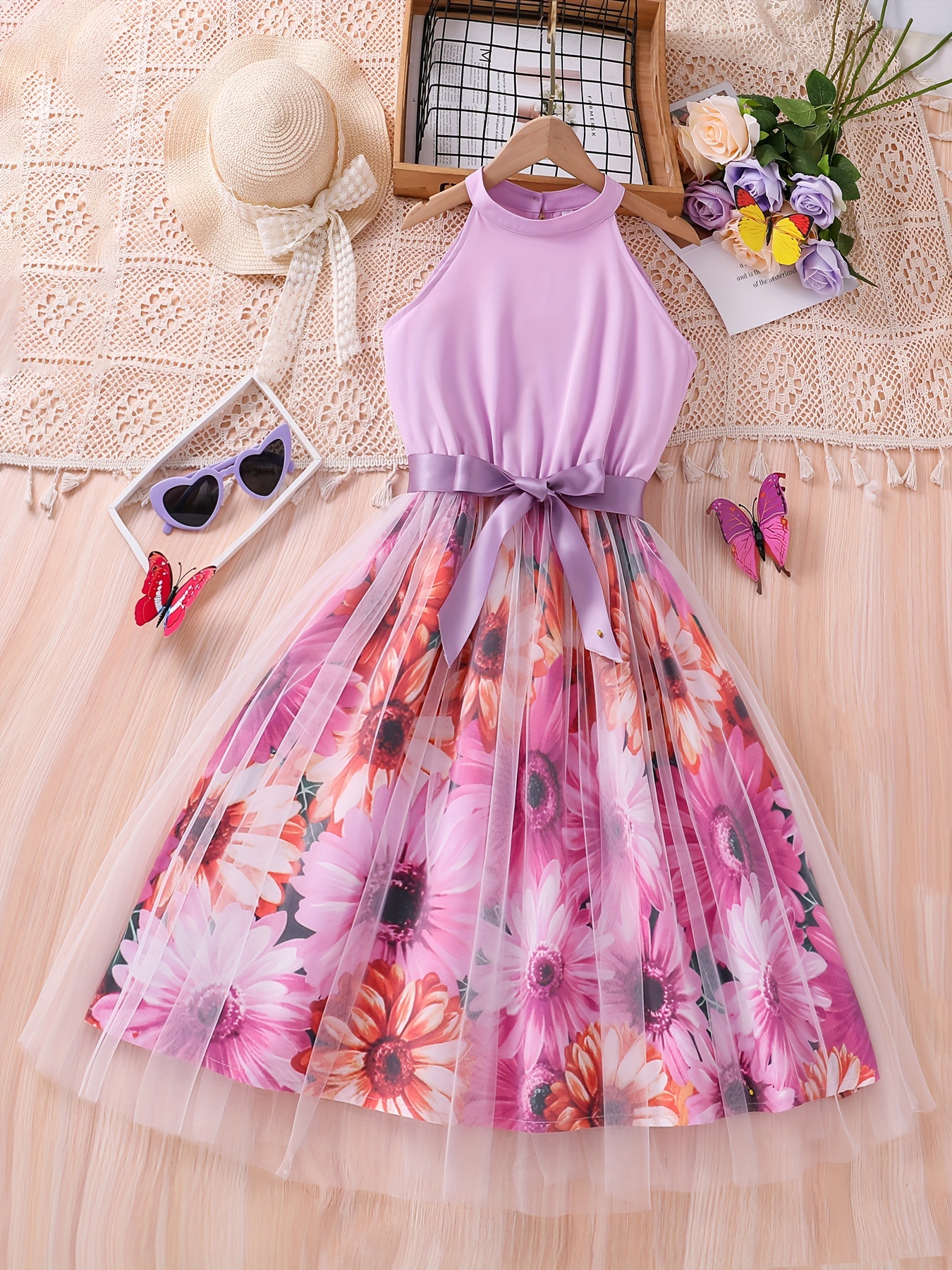 girls summer spaghetti suspender dress belt mesh panel - Temu