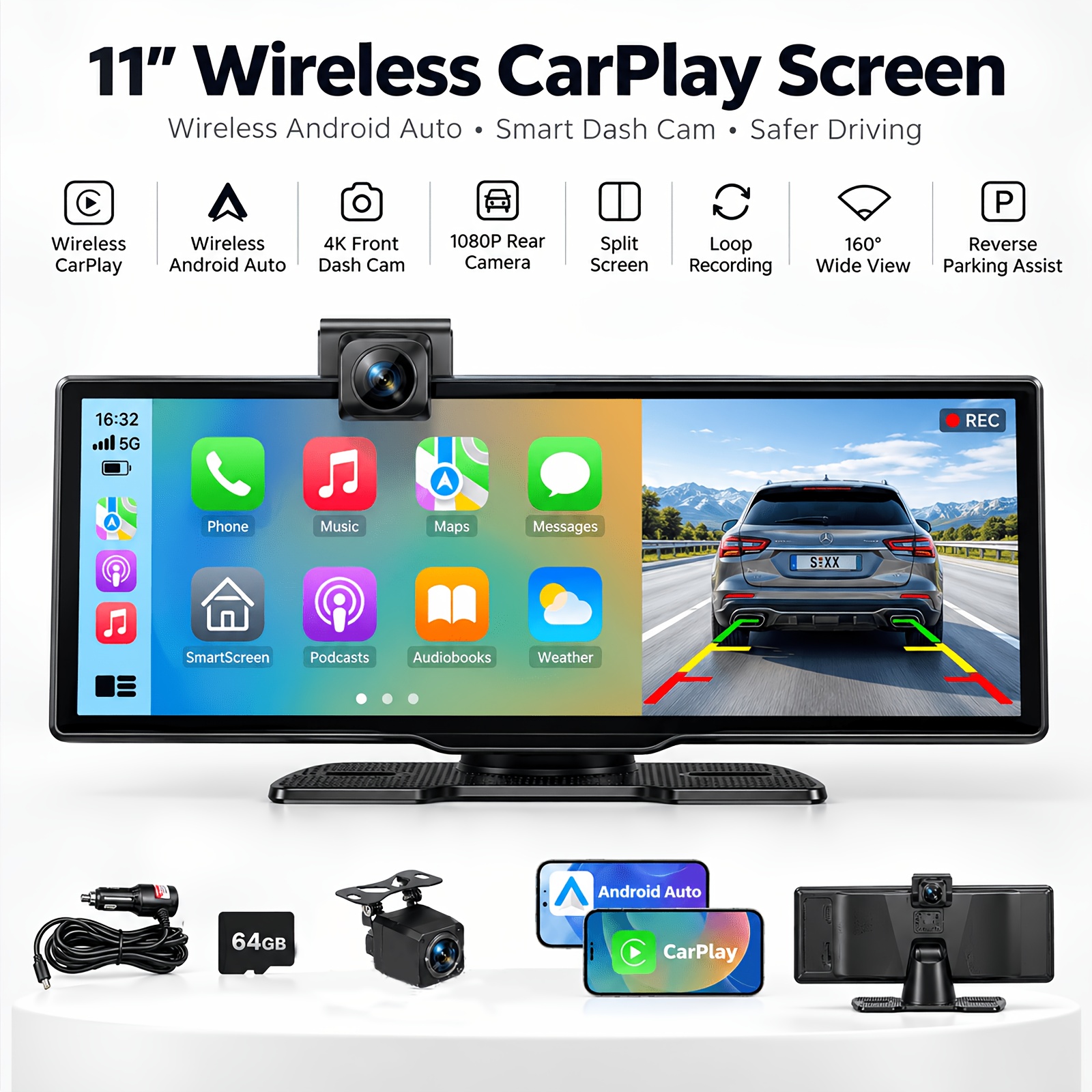 TEMU Portable Wireless Android Auto & Carplay Screen With Dashcam (4k Front/rear Camera) - Capacitive Ips Display, Suitable For Cars, Suv, Truck, Rv,