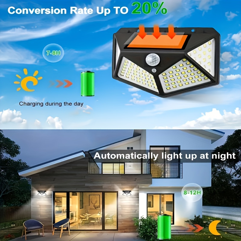 

Solar Powered Outdoor Motion Sensor Wall Light - 100 Led Waterproof Security Lighting With Rechargeable Lithium Battery For Garden, Patio, Deck, Yard, Stairs - Plastic Wireless Solar Charging Torches