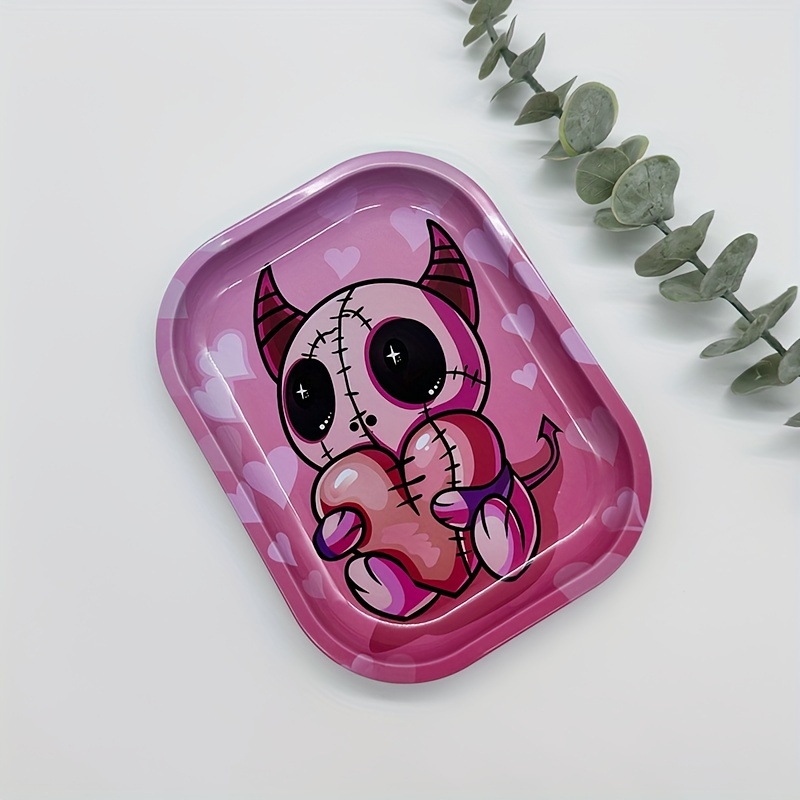 

1pc Creative Little Devil Tray, Rolling Tray, Pink Metal Rolling Tray, Durable Multi-purpose Tray For Home, Wake Up Tray, Fruit Tray, Dessert Tray, Cute Home Decor, Christmas Gift, Halloween Gift