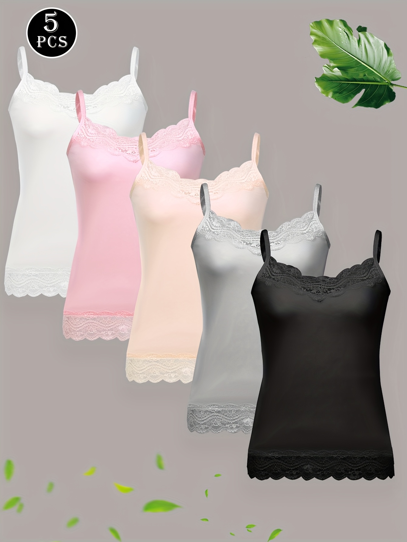 5pcs womens contrast lace trim sleeveless tank   soft stretchy   with delicate lace edges 5 colors white   grey black dark grey for casual layering lace tank top
