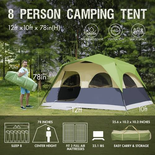 8 person tent camping large waterproof cabin family tent easy to set up with 5 large mesh windows rain sheet carrying bag green