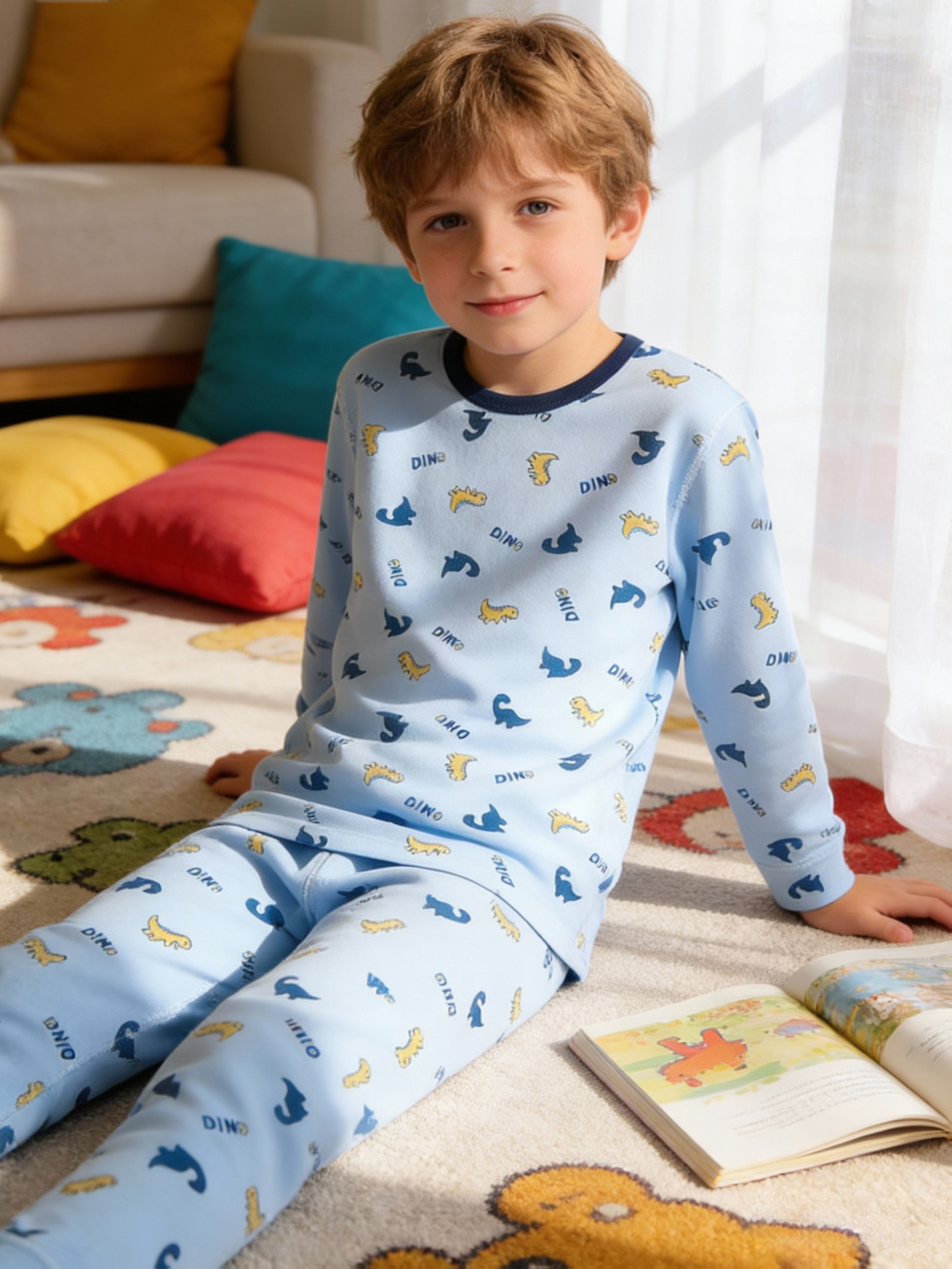 1 set 2pcs of   wear for boys cotton pajama set suitable for autumn and winter breathable and comfortable yellow and blue small dinosaur pattern printing suitable for outdoor and indoor activities thick brushed fur