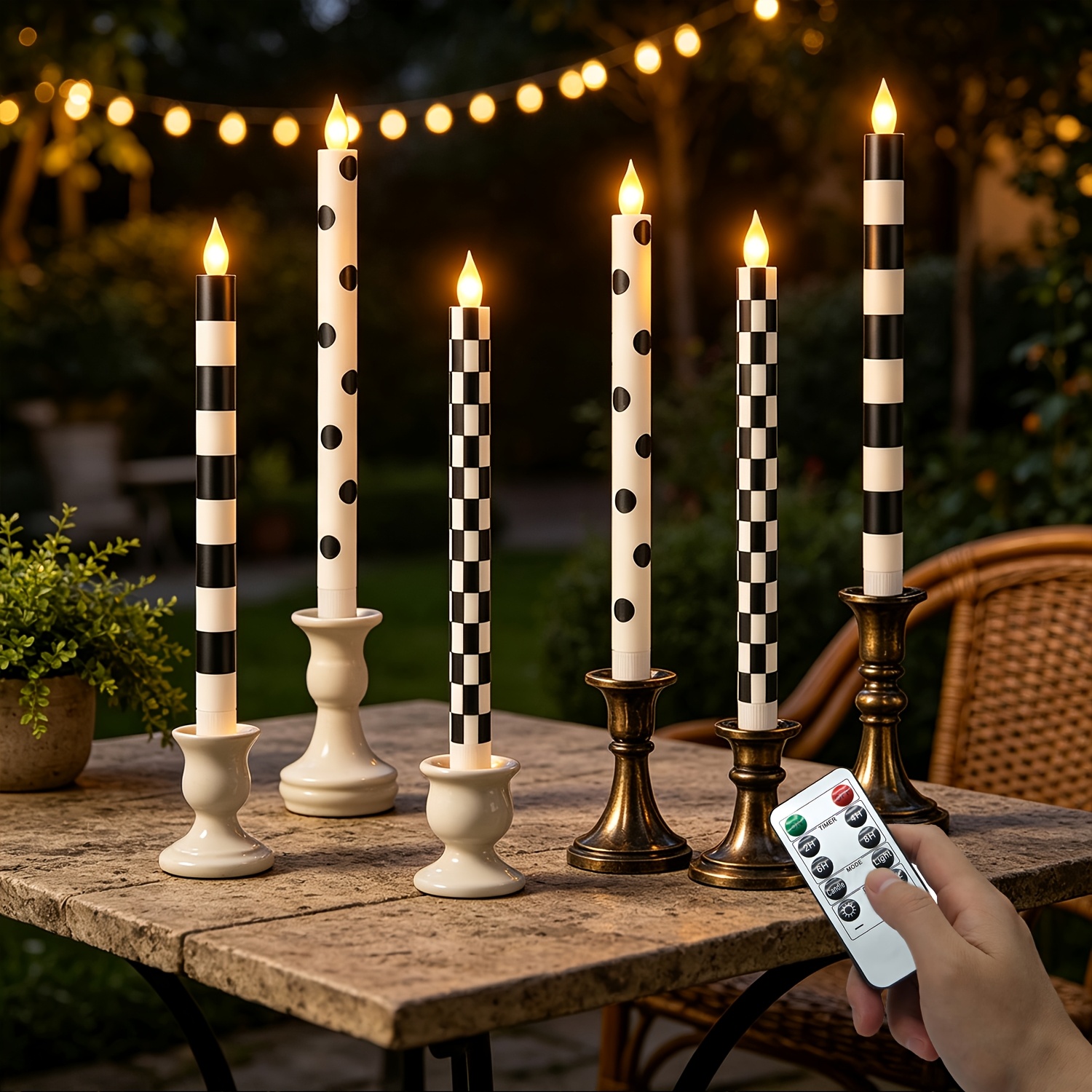 TEMU 6pcs Flameless Cone Candles With Remote Control Timer, Black And White Checkered Dot Led Battery-powered Candles, Suitable For Halloween Decor