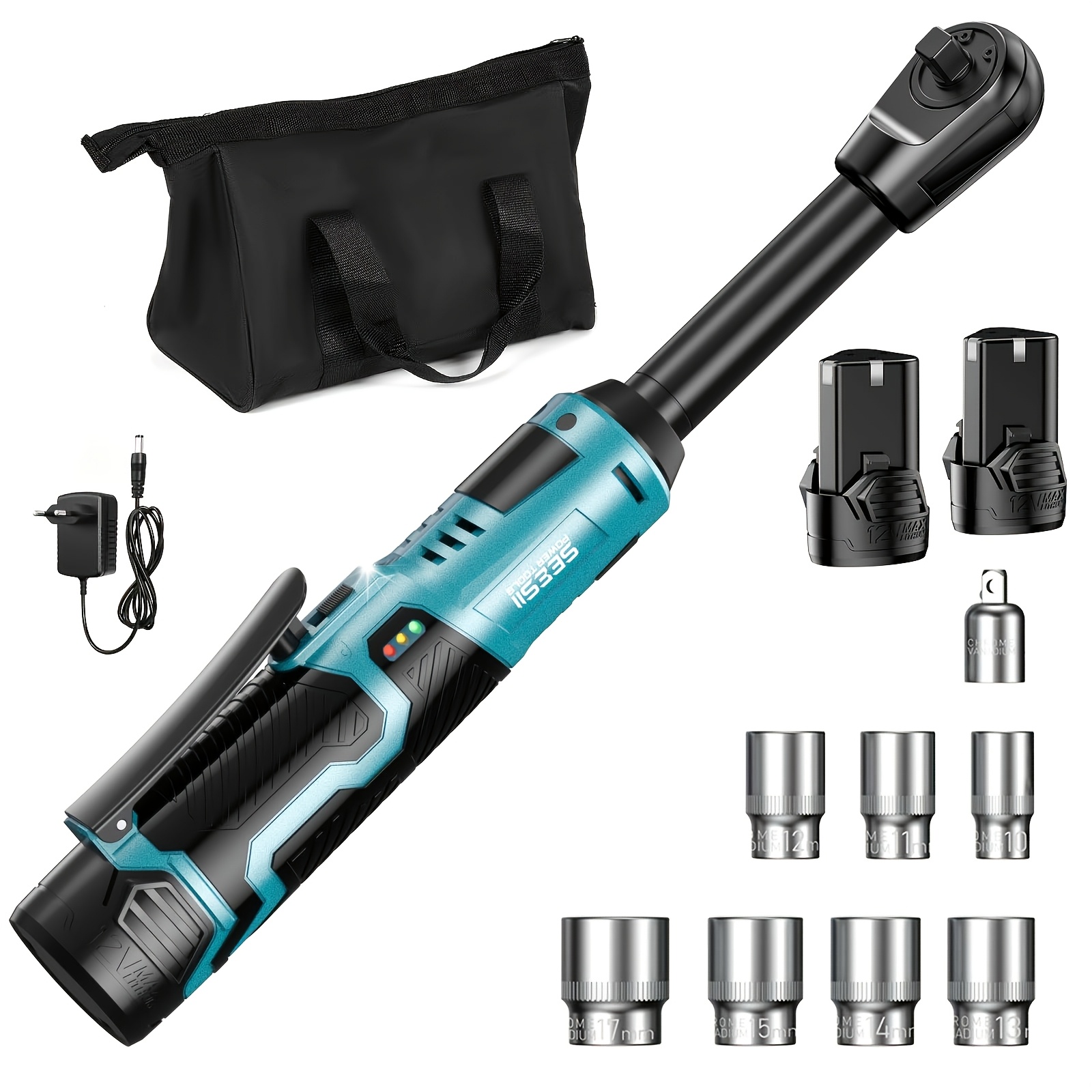 Image of Seesii 15 Ratchet Wrench, 3/8 Inch 400 Rpm Ratchet Battery, 55n.m Electric Ratchet Wrench, Battery Powered Ratchet Wrench Set With 2 Mah Batteries And 7 Sockets