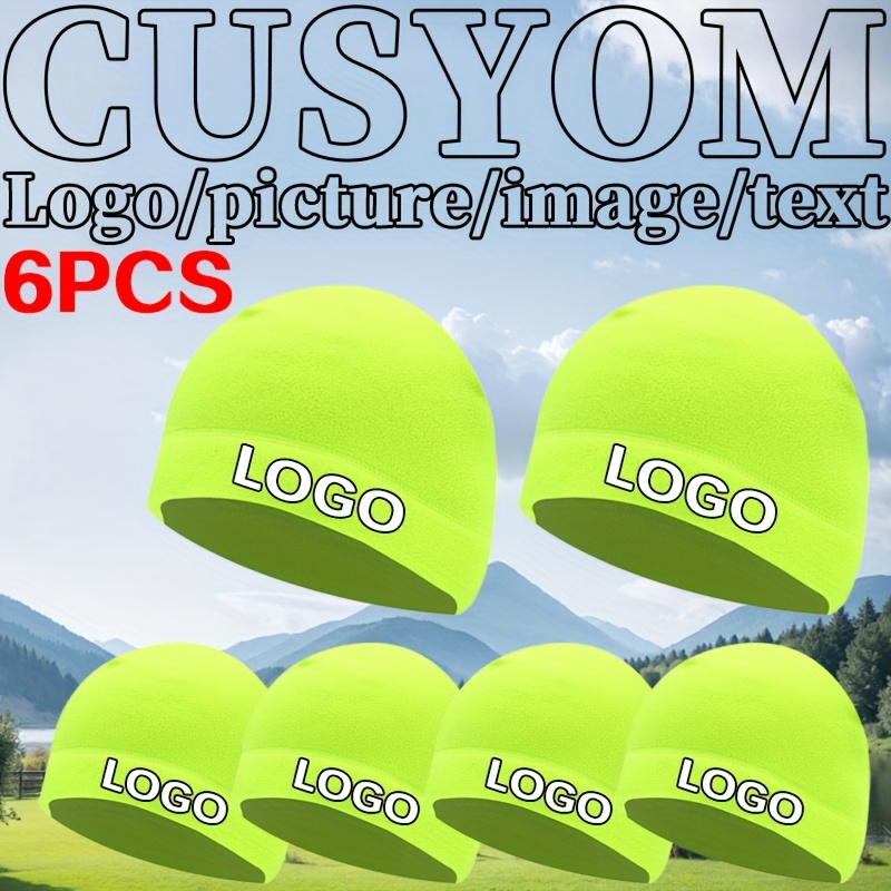 TEMU 6pcs Custom Logo/text Warm Hats - Personalized Printing, Lightweight Breathable Caps Suitable For , Black With White Logo, For Sports, Outdoor,