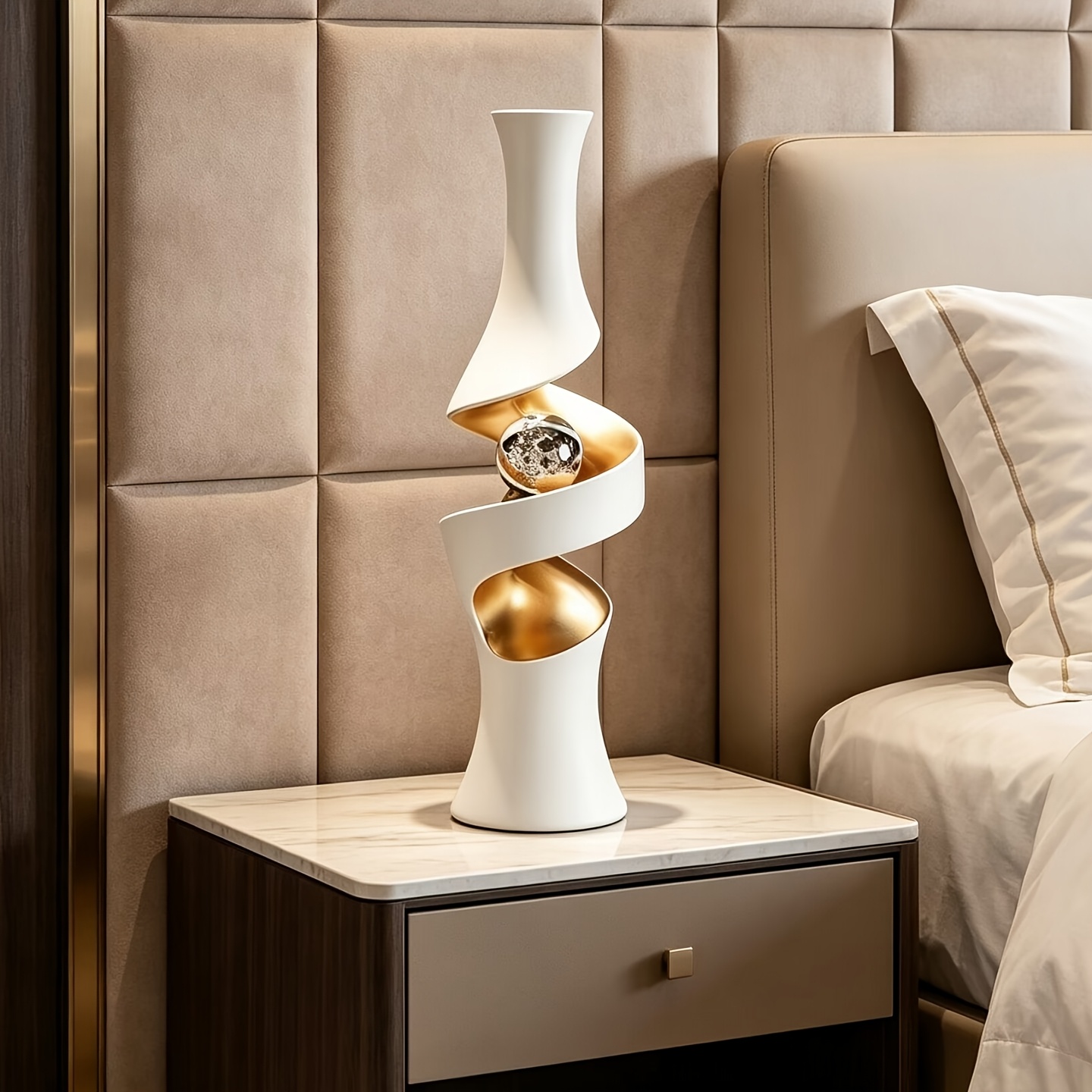 White And Golden Spiral Vase with Crystal Sphere | Symbol of Good Fortune | Artificial Flower solely