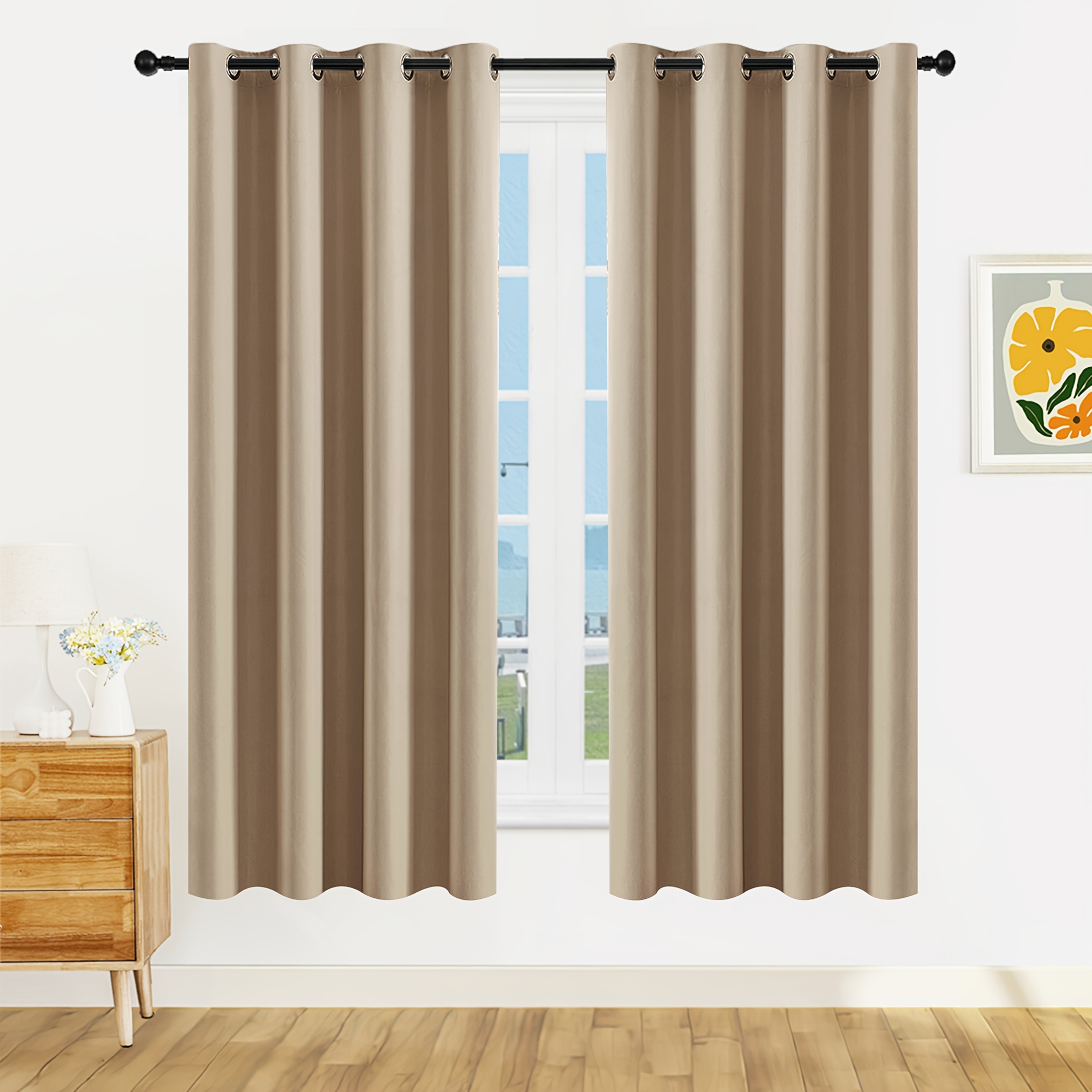 TEMU 1pc/2pcs Khaki Blackout Curtains, With Black Backing, Top-locking Ring Curtains, 100% Sunlight Blockage, Room Darkening, Power Outage Curtains,