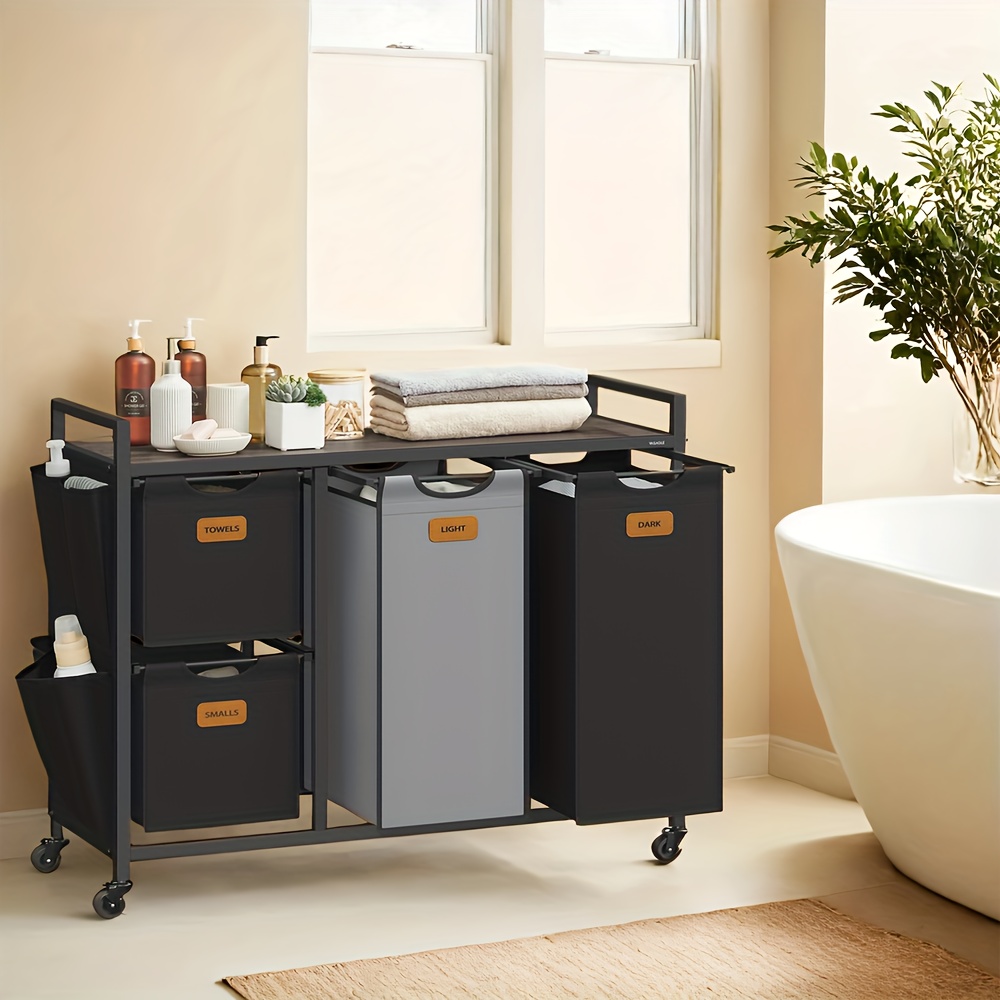 Laundry Basket, With 4 Compartments And Shelves, 150l Mobile Sorting Trolley, Removable Bags And 6 Labels, Brown-black-gray, Laundry Bags