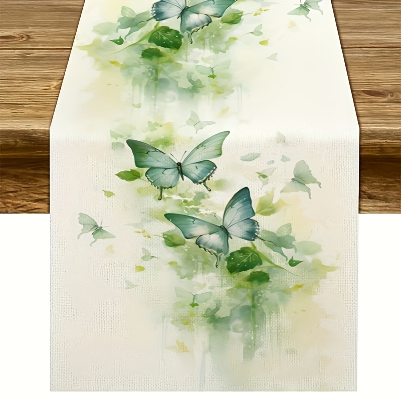 

1pc Elegant Green & Floral Watercolor Table Runner - Spring/summer Polyester Decor For Home Dinners, Weddings & Outdoor Parties - Chic Rectangular Design With Vibrant Accents, Decorations