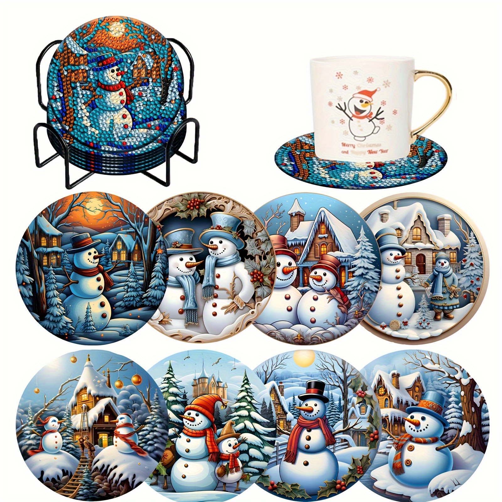 

8 Christmas Snowman Brackets, Diy Diamond Art Coaster Set, Suitable For Beginner Art And Craft Supplies