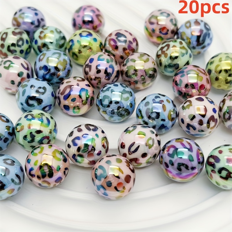 20pcs 16mm Acrylic Plated With Uv Color Leopard Print Straight Hole Round Bead For Diy Bracelet, Phone Chain, Keychain, Bead Pen, Hair Rope Making