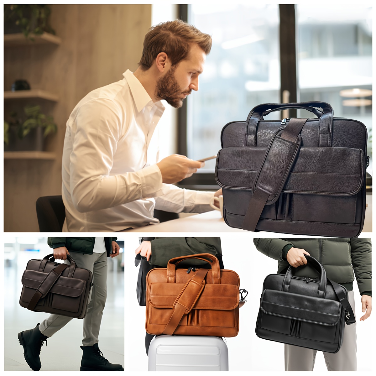 16 inch laptop briefcase black synthetic   leather messenger bag with adjustable shoulder strap large capacity for office business and college use durable polyester lining zipper closure laptop compartment travel laptop bag   synthetic   leather bag laptop bag Product details 0